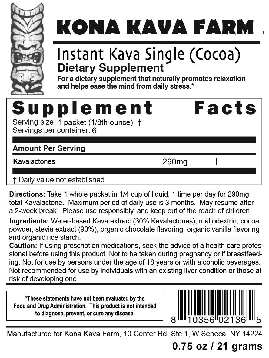 Kona Kava Farm Kona Kava Instant 30% Kavalactone Kava Drink Singles Cocoa Powder 4.5 Ounce