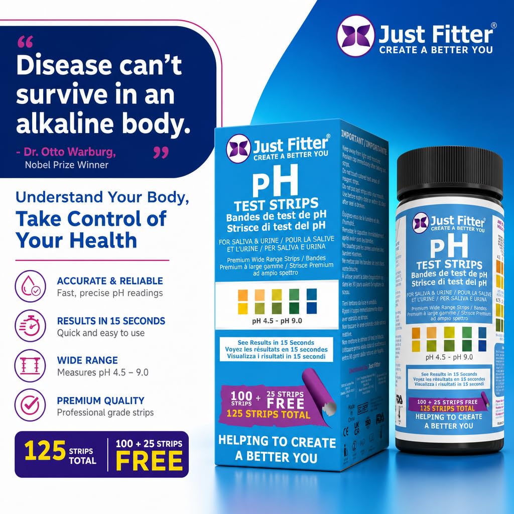 Just Fitter pH Balance Kit – Alkaline Mineral Blend for Hydration & pH Focused Lifestyles + pH Test Strips for Urine & Saliva, Powder, 11 oz