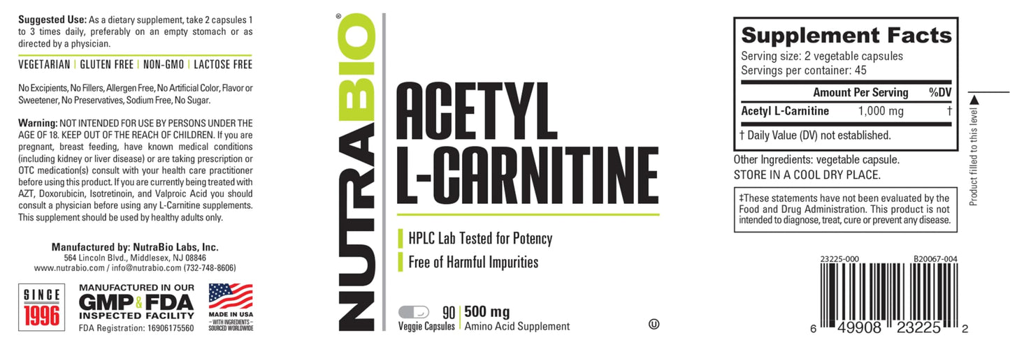 NutraBio Acetyl L-Carnitine (ALCAR) Supplement 500mg Capsule, 90 Capsules