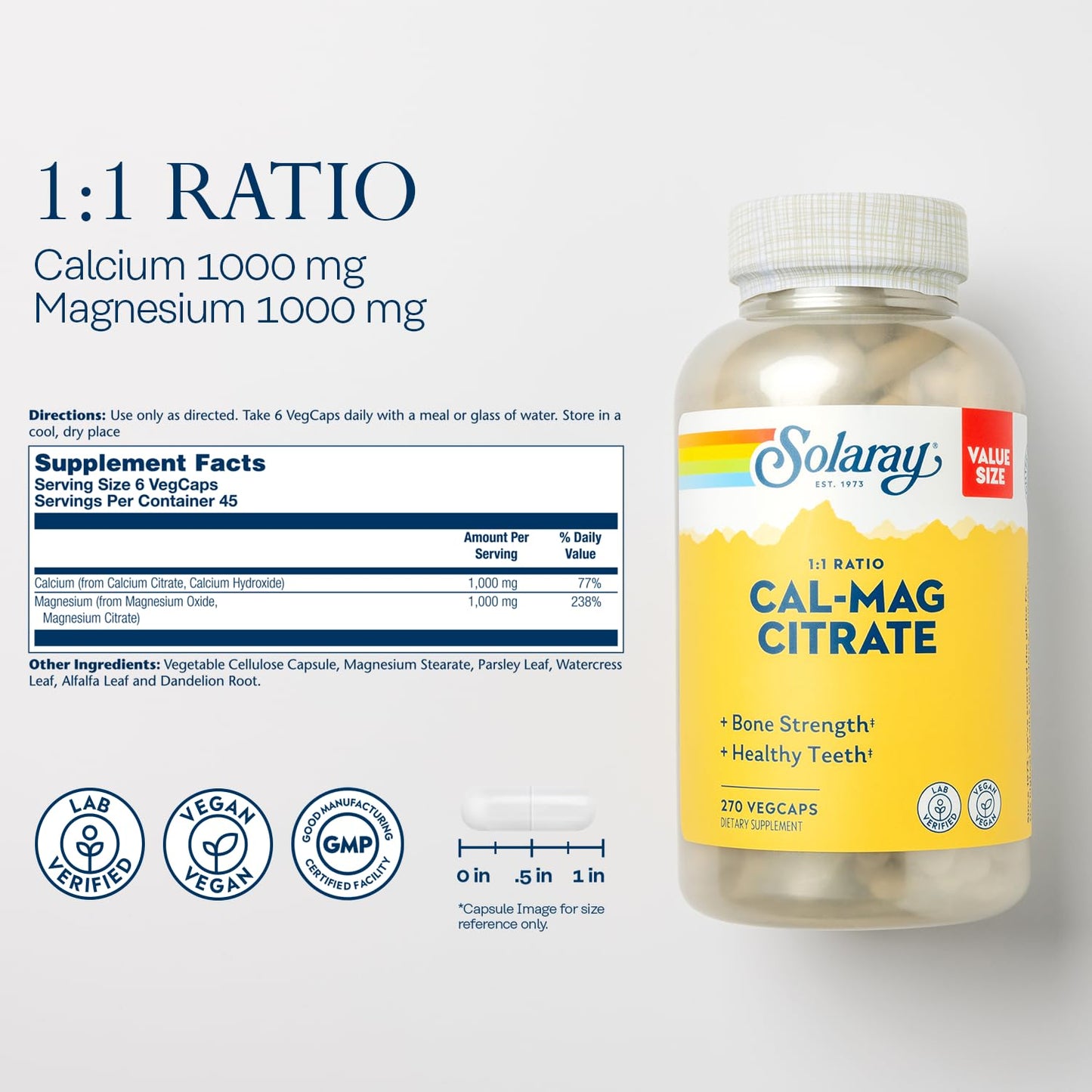 Solaray Calcium Magnesium Citrate 1000mg 1:1 Ratio Capsule 270