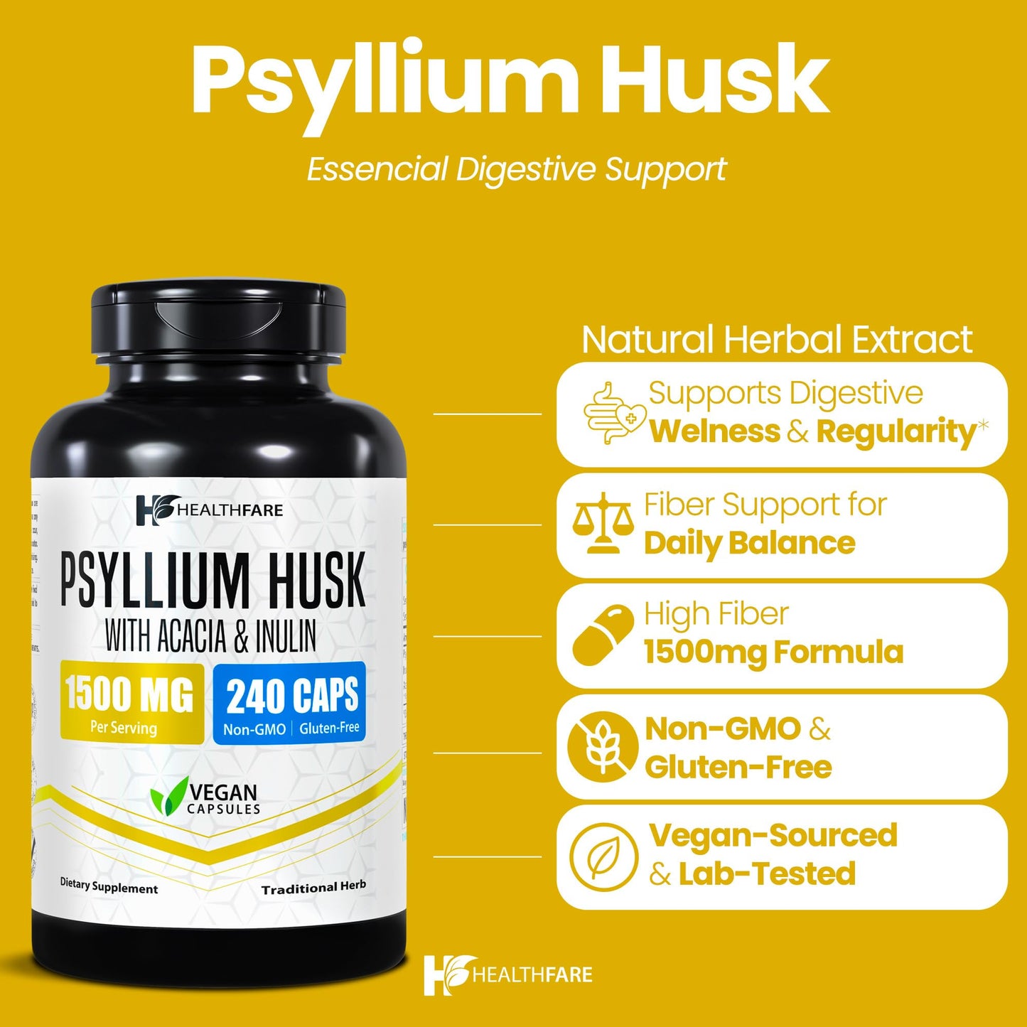 Healthfare Psyllium Husk Fiber 1500mg Capsules, 240 Count