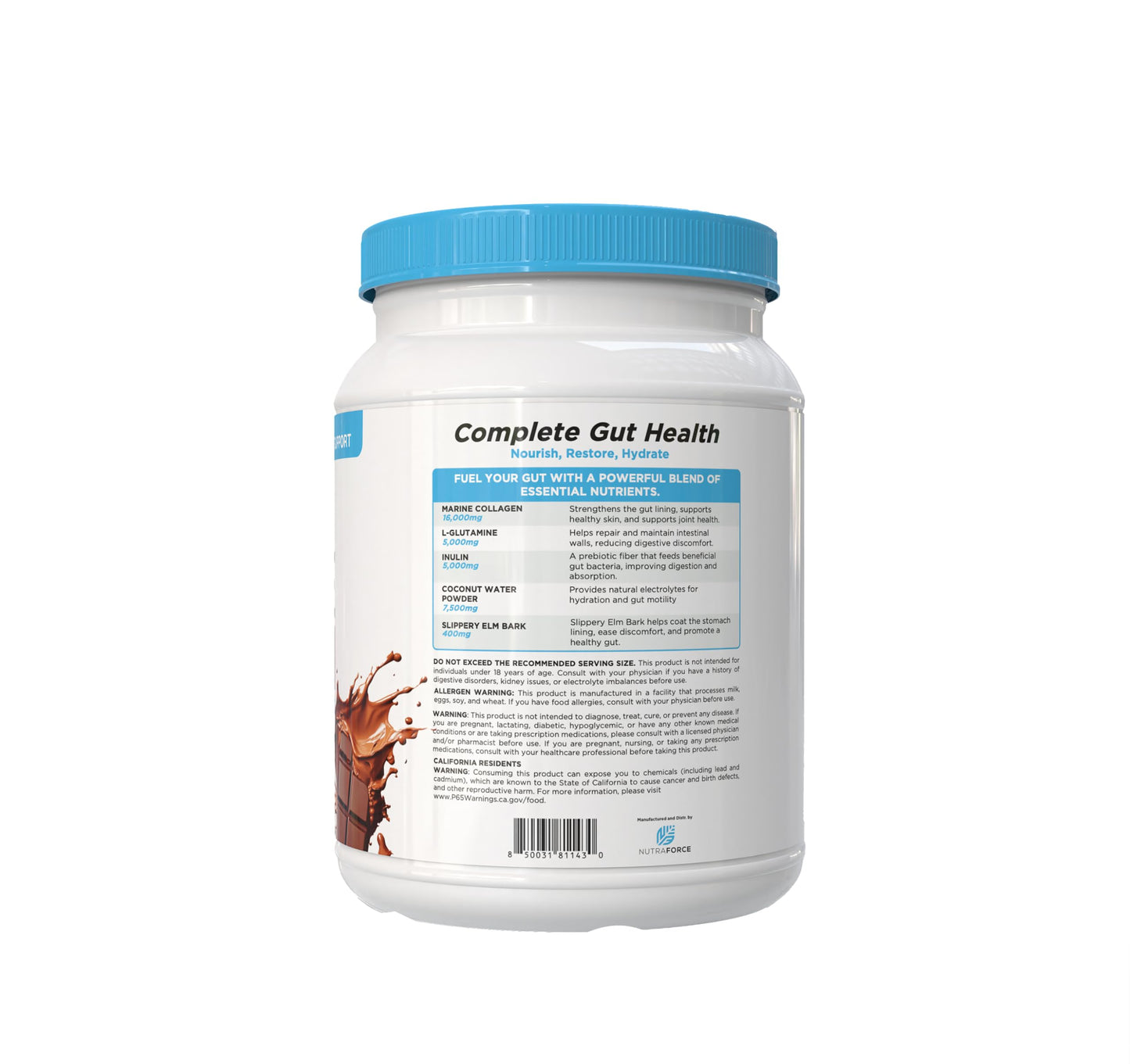 NutraForce Complete Gut Health Powder – Prebiotic Fiber & Marine Collagen Supplement with L-Glutamine & Coconut Electrolytes, Supports Gut Lining, Digestion, Immune & Skin Health, 1 Ounce