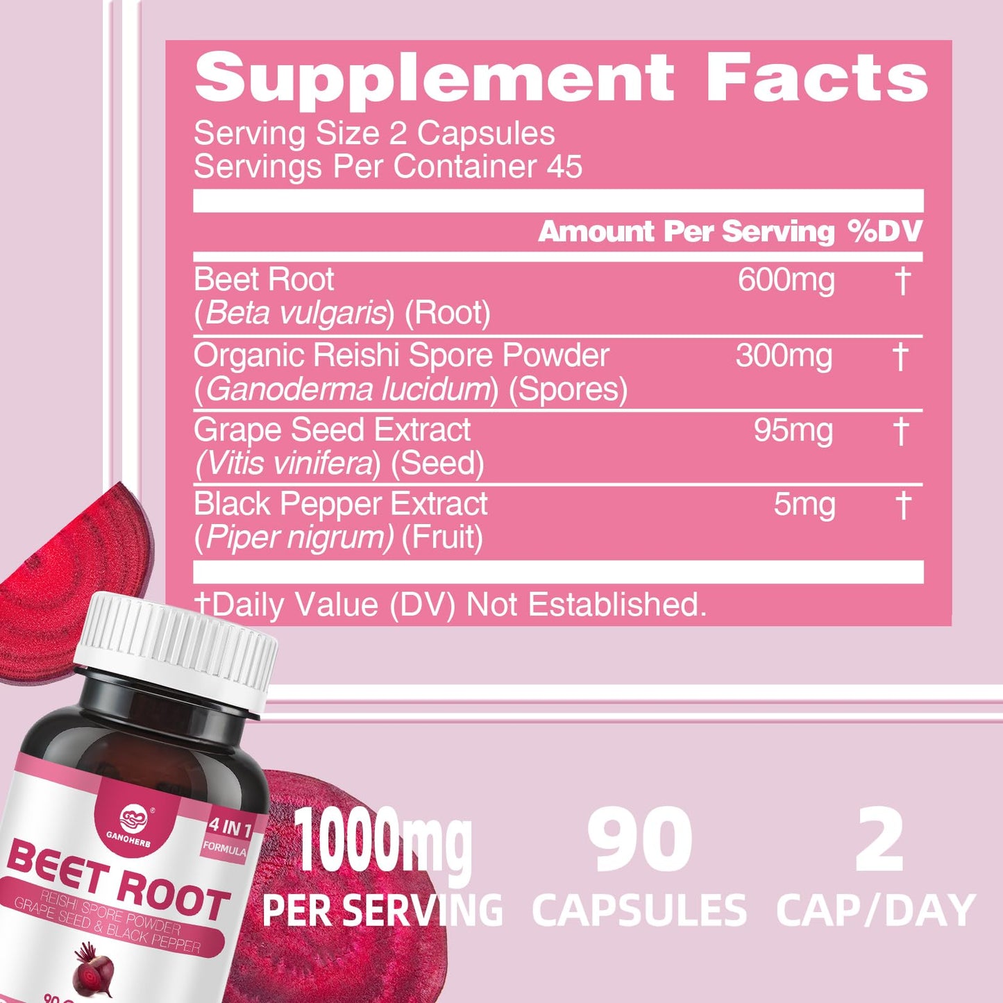 GANOHERB Beet Root Capsules with Grape Seed Extract, Reishi Mushroom, Black Pepper, Beet Root Supplement 4 in 1 for Nitric Oxide and Health Circulation, 90 Rapid Release Capsules