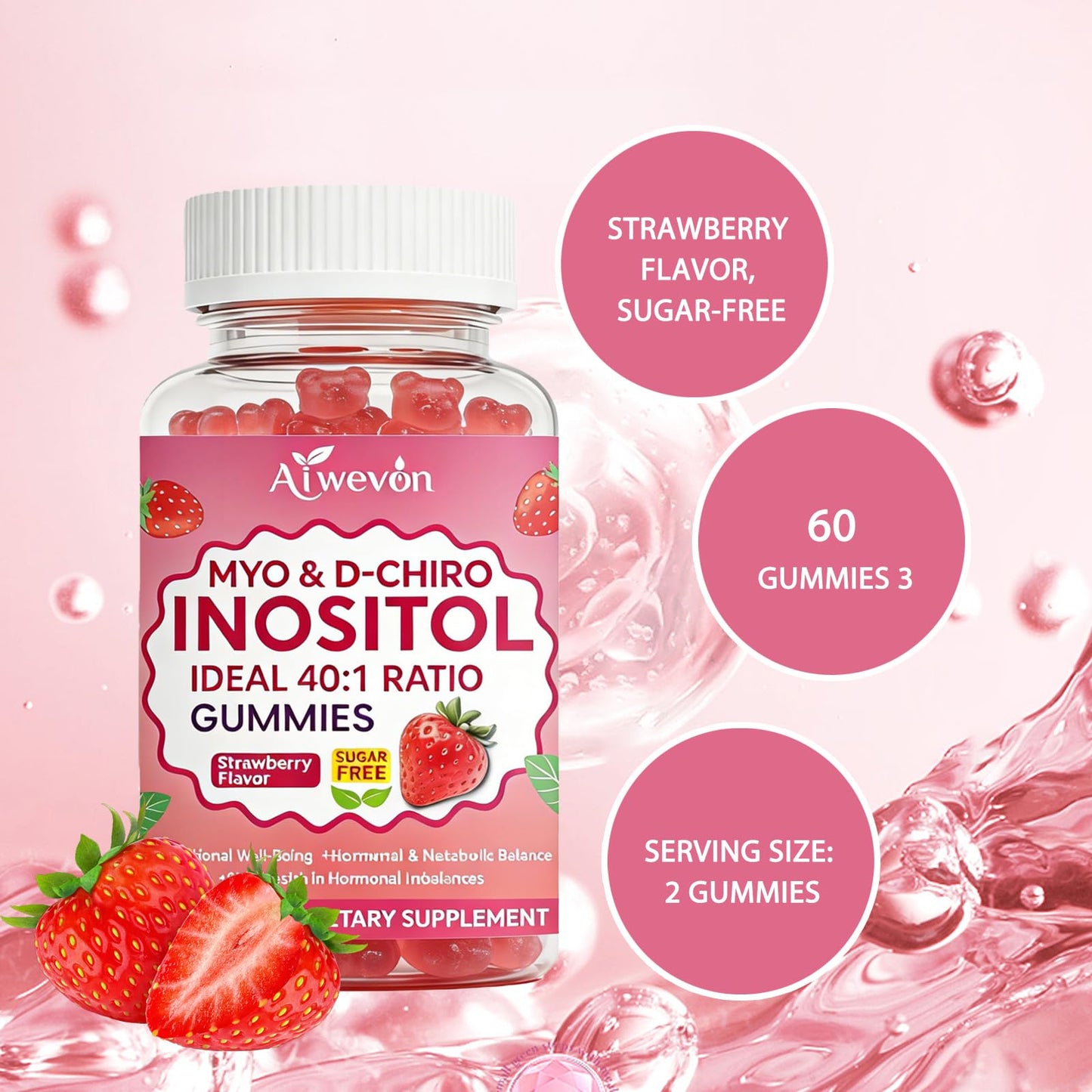 Aiwevon Myo-Inositol & D-Chiro Inositol Gummies 40:1 Ratio – Hormone Balance Supplement for Women – Ovarian & Fertility Support with Vitamins – Myo-Chiro Inositol Gummies for Women's Health, 60 Count