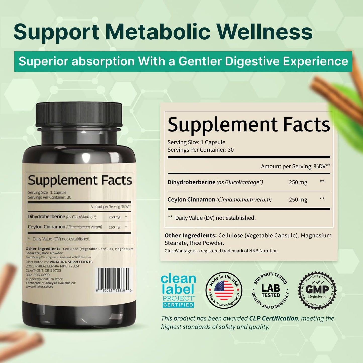 VINATURA Dihydroberberine 500mg with Ceylon Cinnamon Capsule, 30 Count
