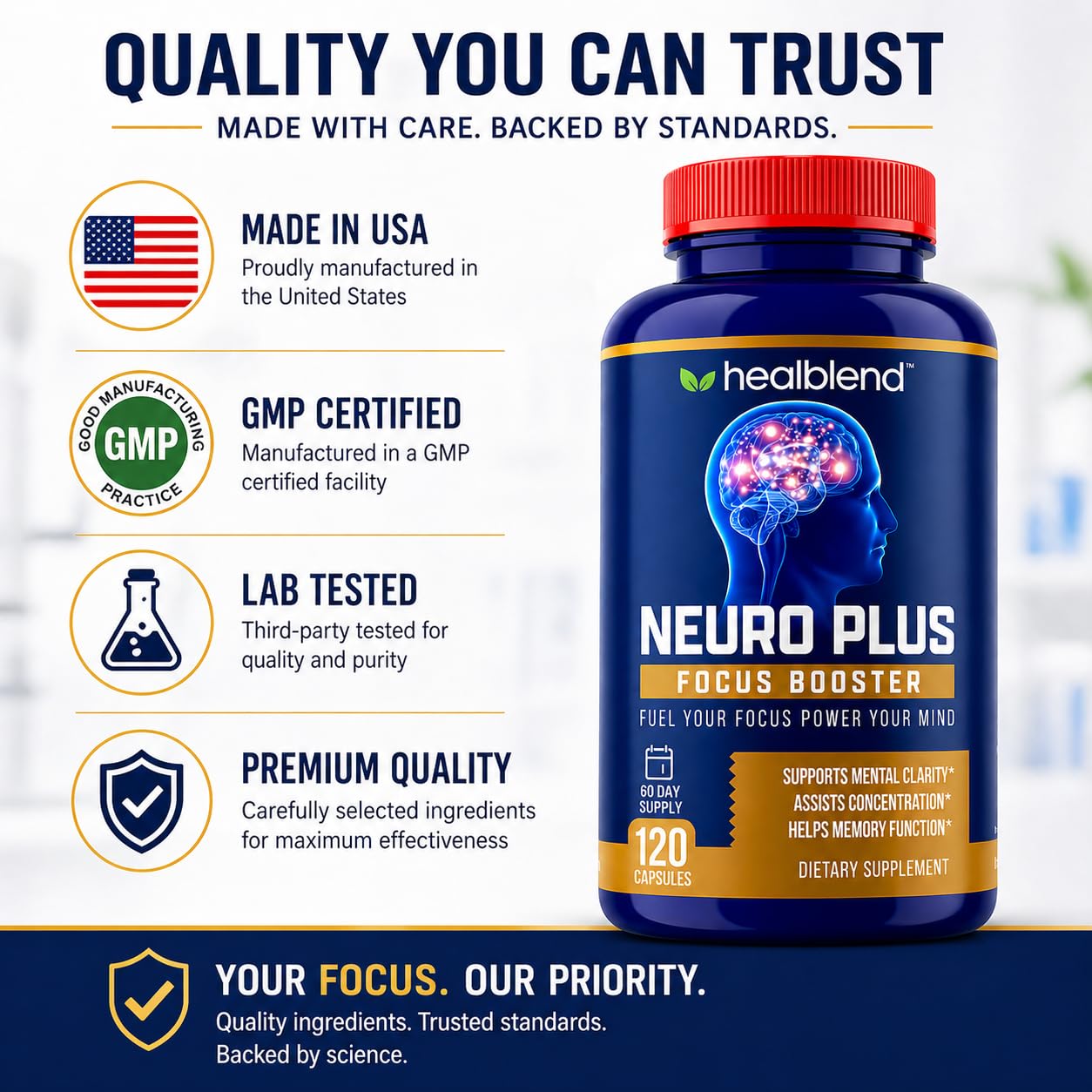 healblend Neuro Plus Focus Booster - Advanced Brain Support Supplement with Vitamin B6, B12, Folate - Improves Memory, Concentration, Mental Clarity & Cognitive Function, 120 Capsules