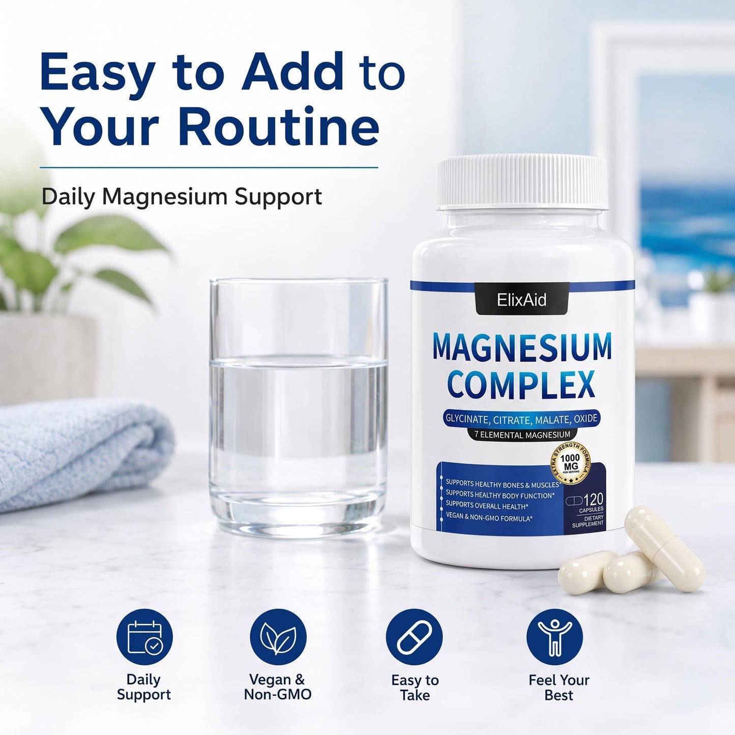 ElixAid Magnesium Complex 1000mg 7-in-1 (Glycinate, Citrate & Malate) Capsule, 120 Count