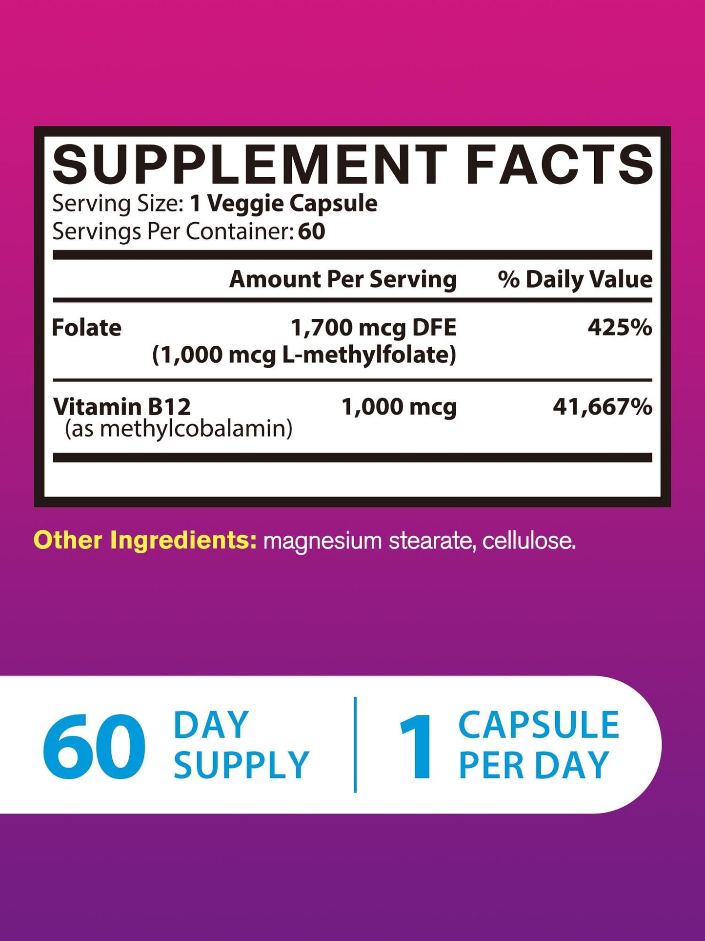 Vitacook L-Methylfolate Supplement with Methyl B12 Cofactor, High Potency Bioactive Folate 1000 mcg & Vitamin B12 1000 mcg, 60 Capsules