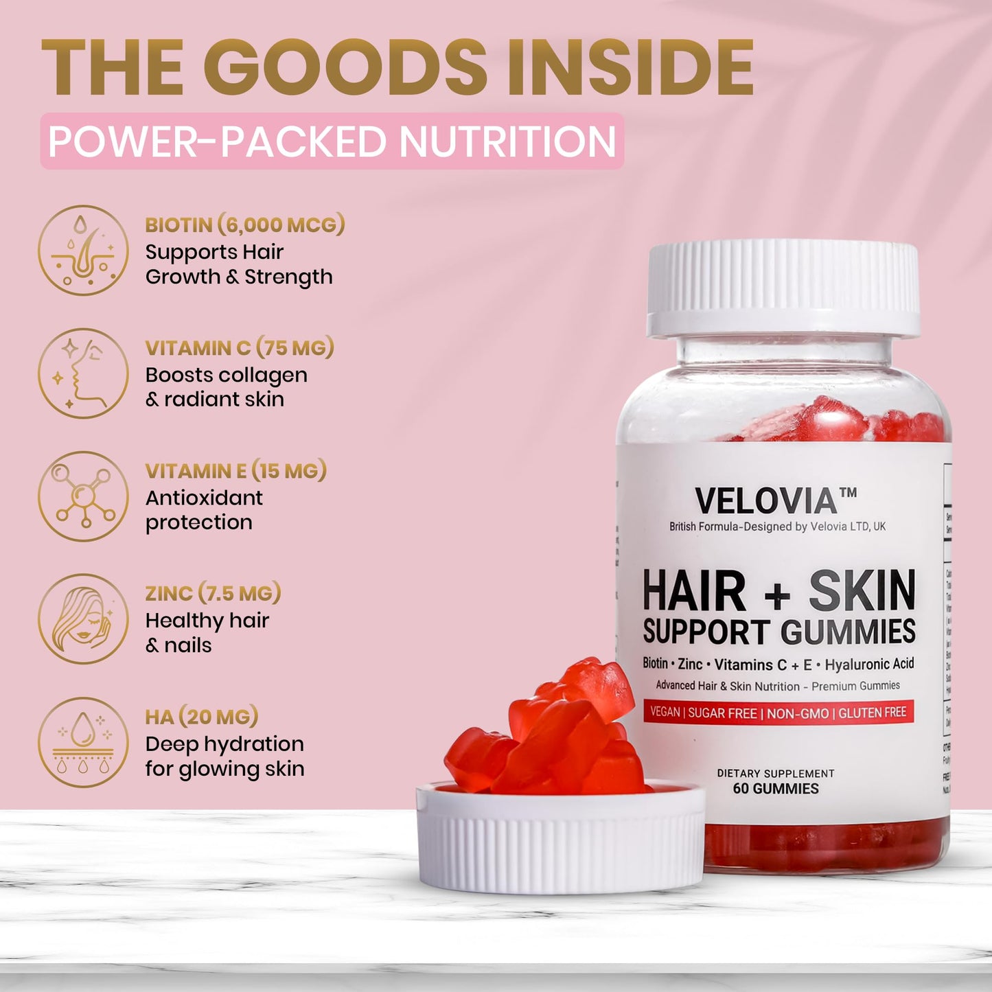 Velovia Hair Strength Gummies – Biotin + Zinc + Vitamins C & E – Sugar Free – 60 Gummies