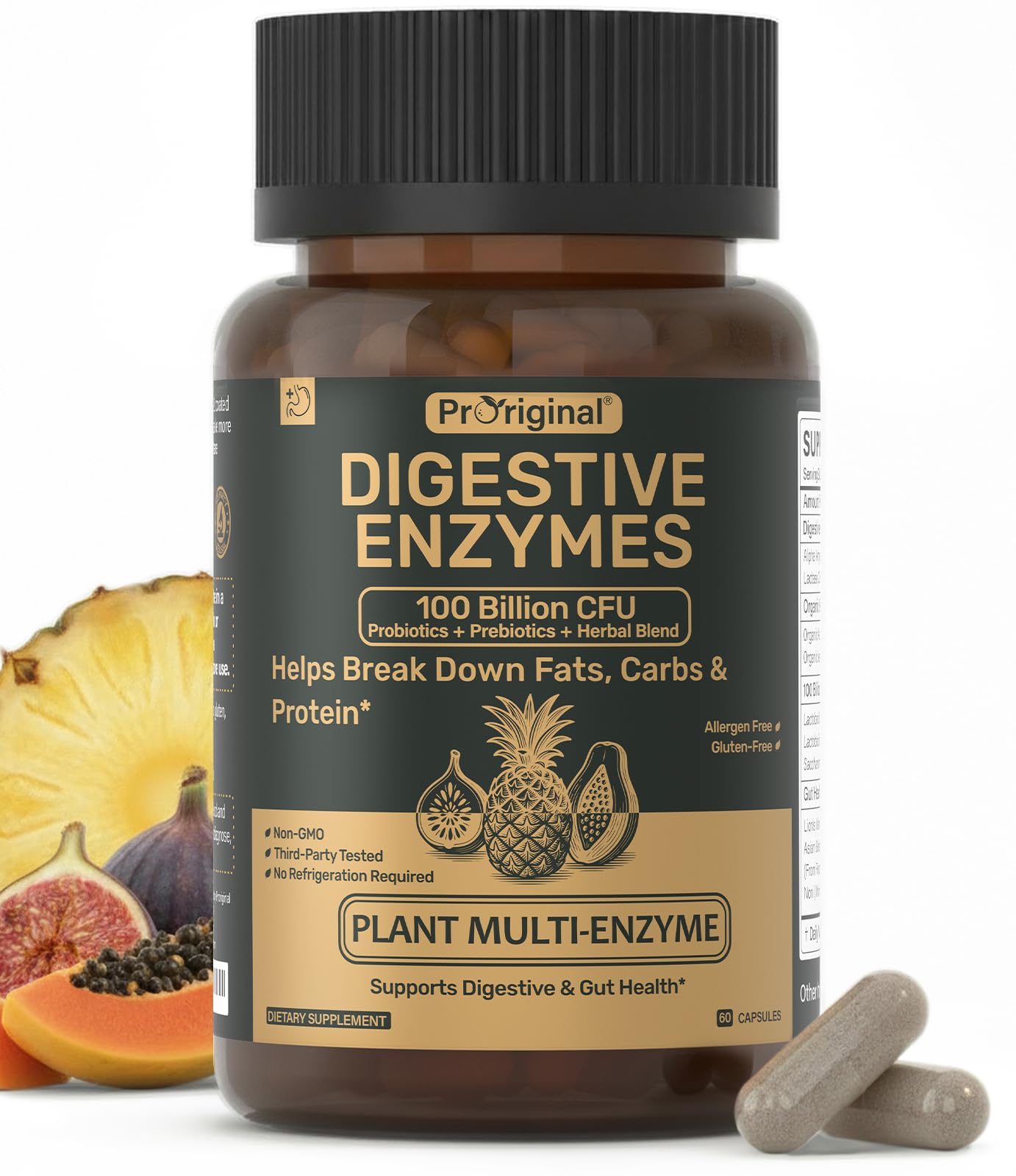 Proriginal Digestive Enzymes Supplement with 100 Billion CFU Probiotic & Prebiotic Capsule, 60 Count