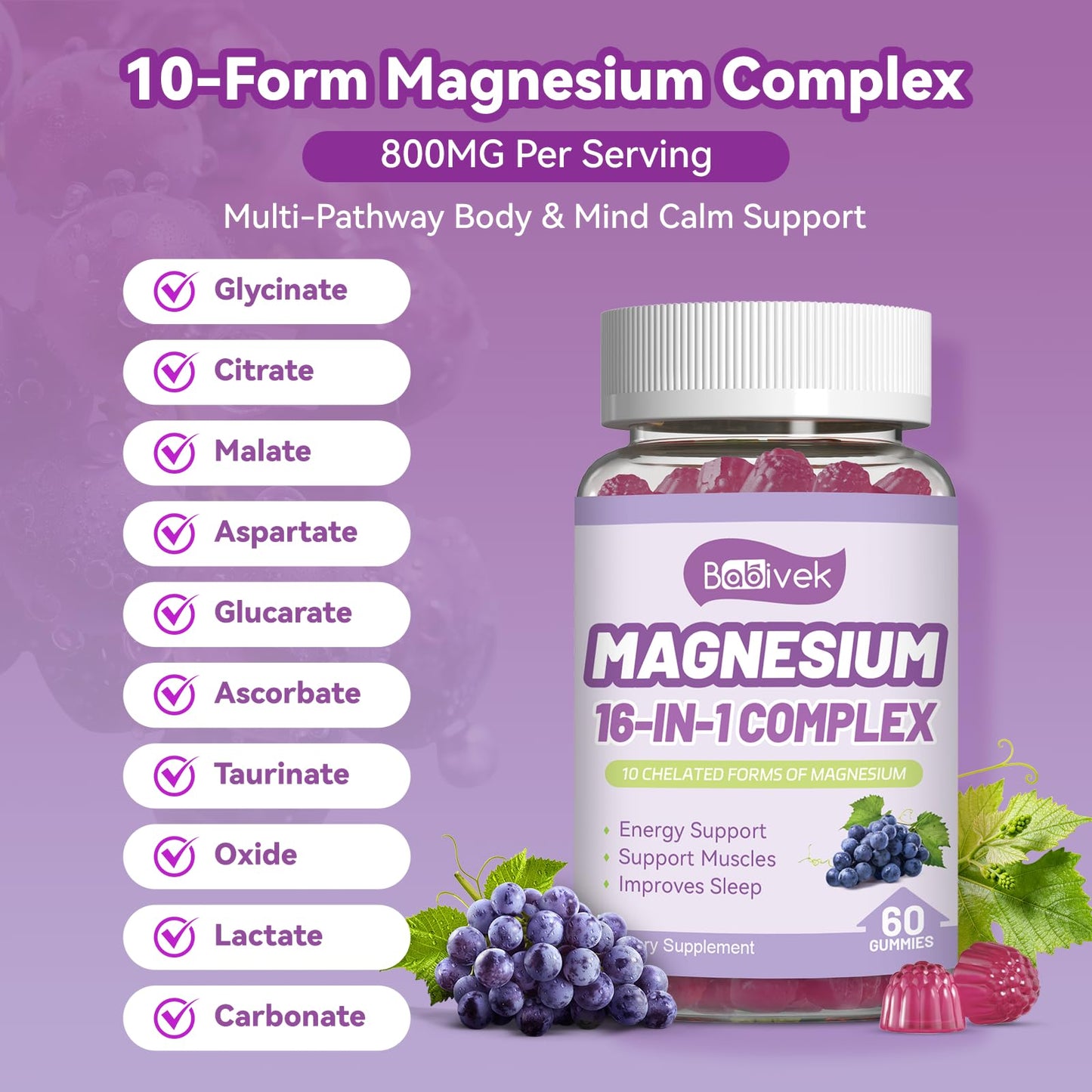 Babivek Magnesium Gummies with Vitamin D3, C, B6, B12 & Zinc, 60 Gummies