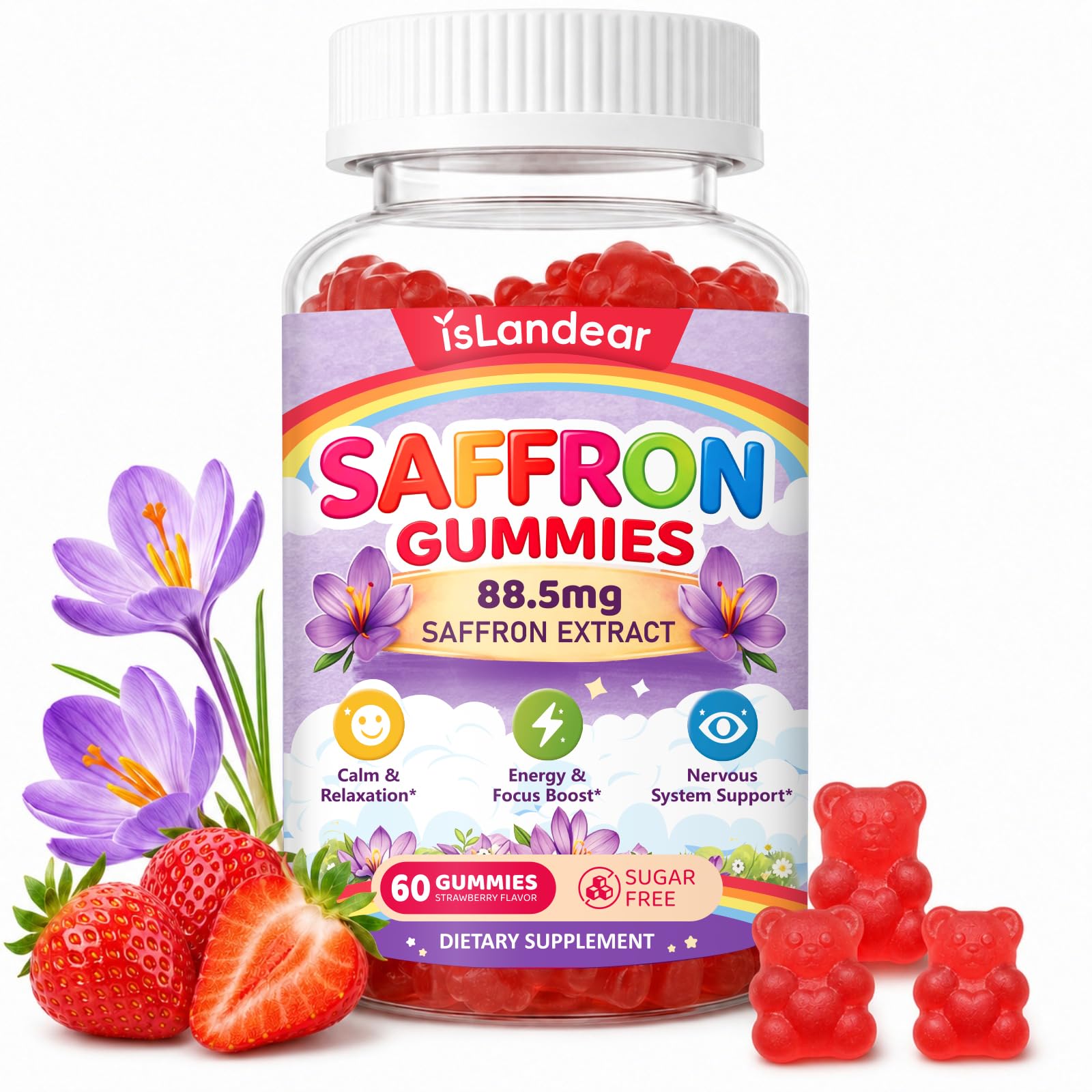 isLandear Saffron Gummies for Kids & Adults for Calm Mood, Focus & Daily Wellness Gummy, 60 Count