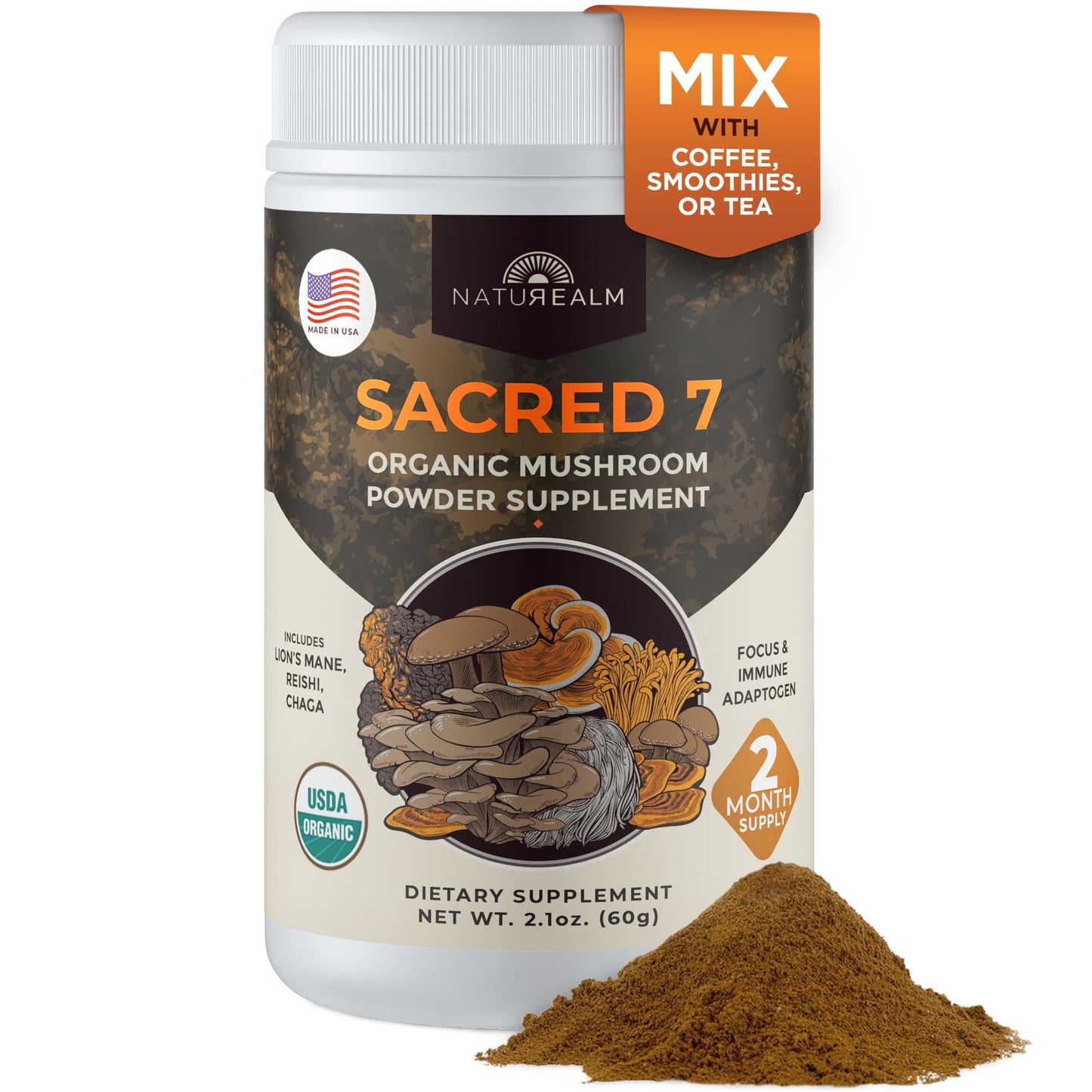 Naturealm Sacred 7 Organic Mushroom Powder Blend, Powder, 2.1 Ounce