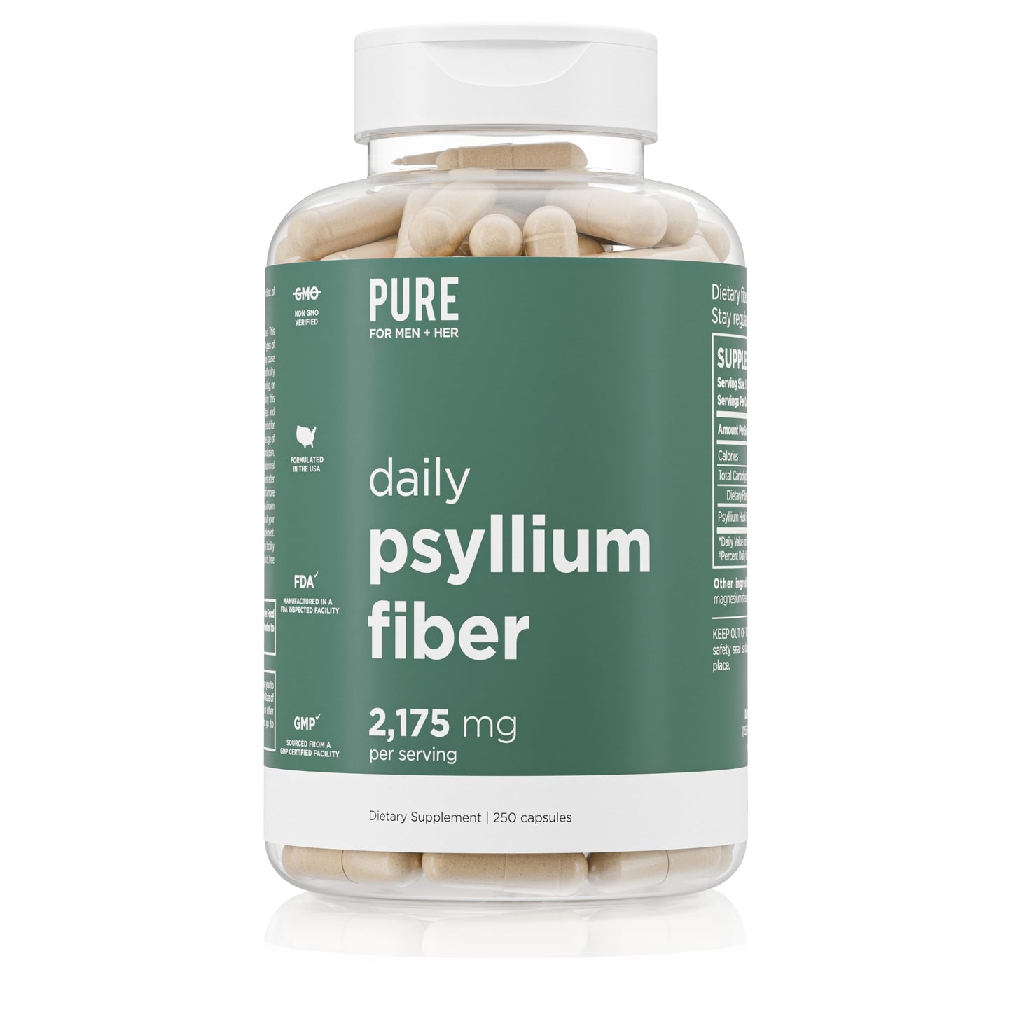 Pure for Men Daily Psyllium Husk Fiber Supplement Capsule, 250 Capsules