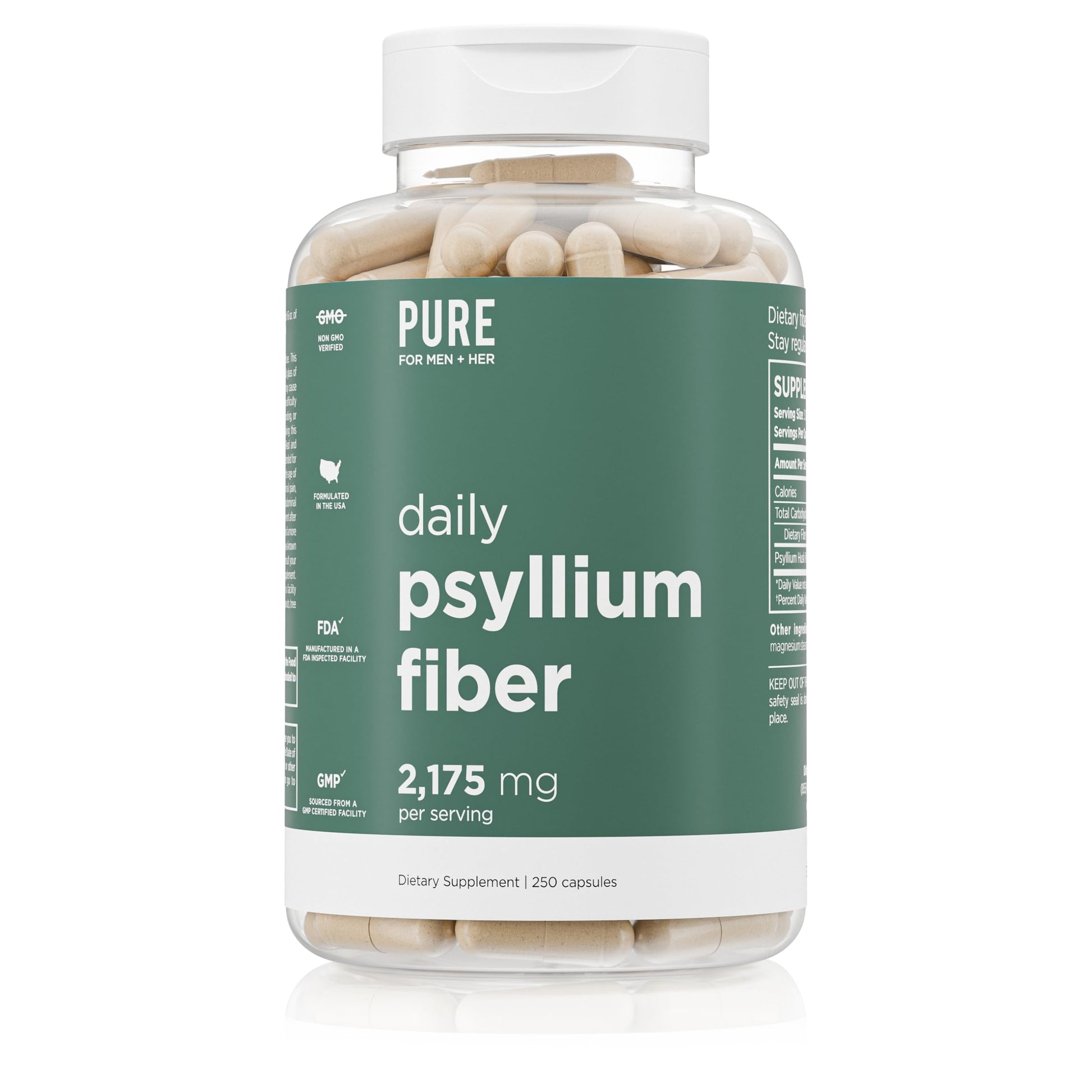 Pure for Men Daily Psyllium Husk Fiber Supplement Capsule, 250 Capsules