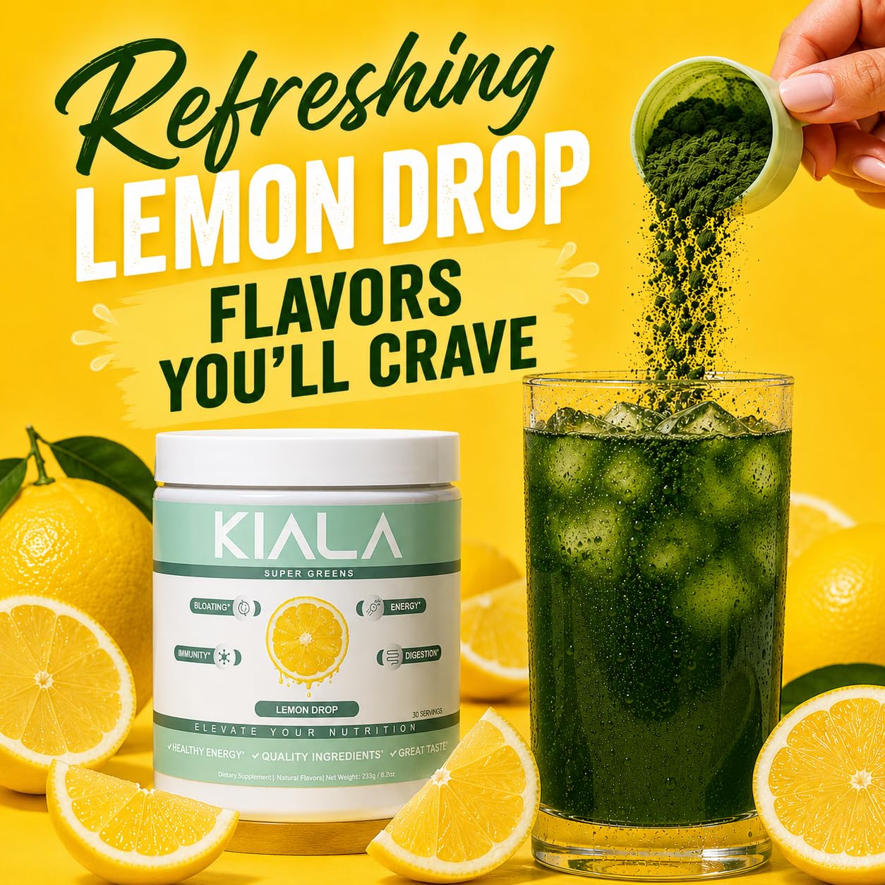 Kiala Nutrition Super Greens Organic Greens Powder with Spirulina & Chlorella, Lemon Drop, 30 Servings