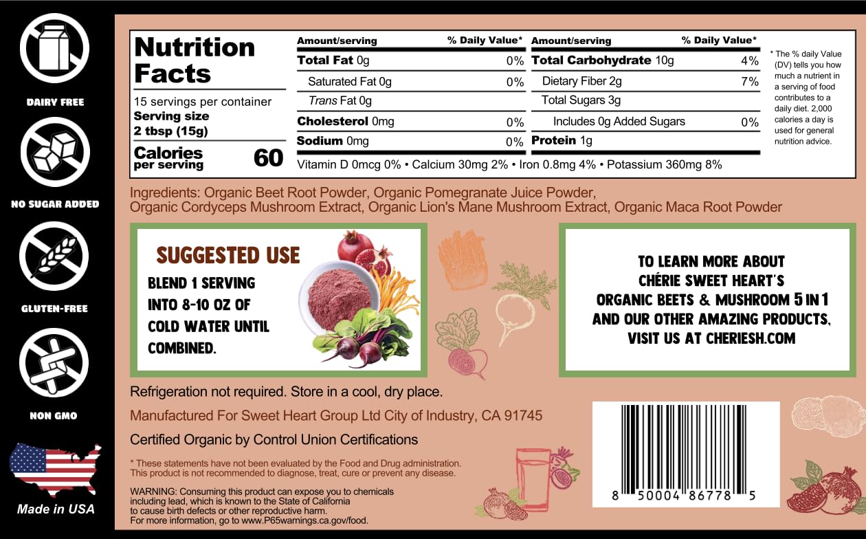 Chérie Sweet Heart Organic Beets & Mushroom 5 in 1 Powder, Beet Root & Mushroom Powder Supplement with Beetroot, Pomegranate, Cordyceps, Lions Mane, Maca, 8 oz