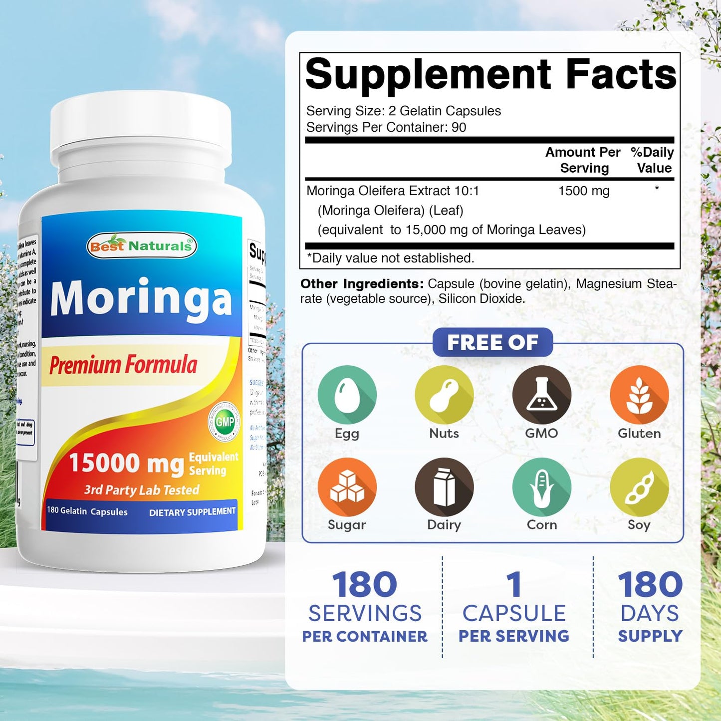Best Naturals Moringa Extract 10:1 1500mg Capsules, 180 Count