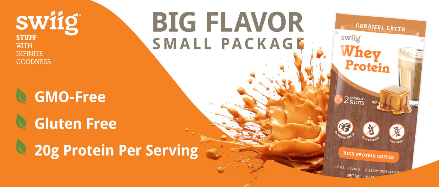 swiig Whey Protein Powder Caramel Latte Single-Serve Packets, 10 Count