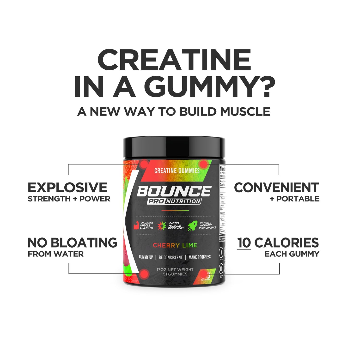 Bounce Pro Creatine Monohydrate Gummies, 51 Count