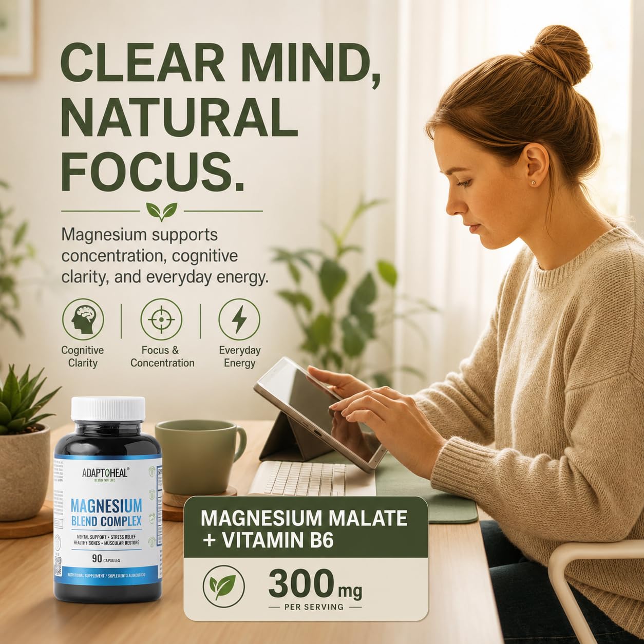 ADAPTOHEAL Magnesium Glycinate, Malate & Citrate Capsules, 90 Count