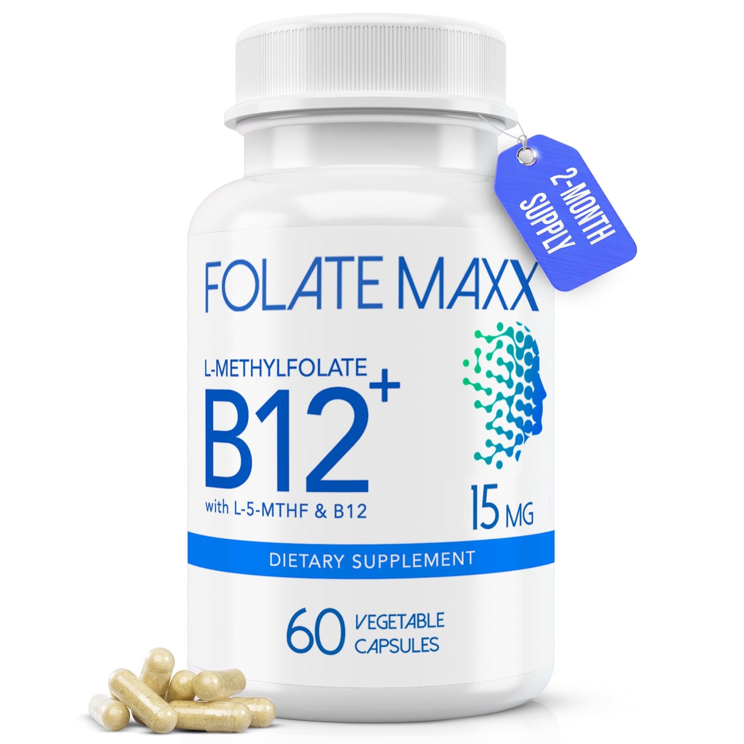 FOLATE MAXX L-Methylfolate 15mg Plus B12 Methylcobalamin Capsules, 60 Count