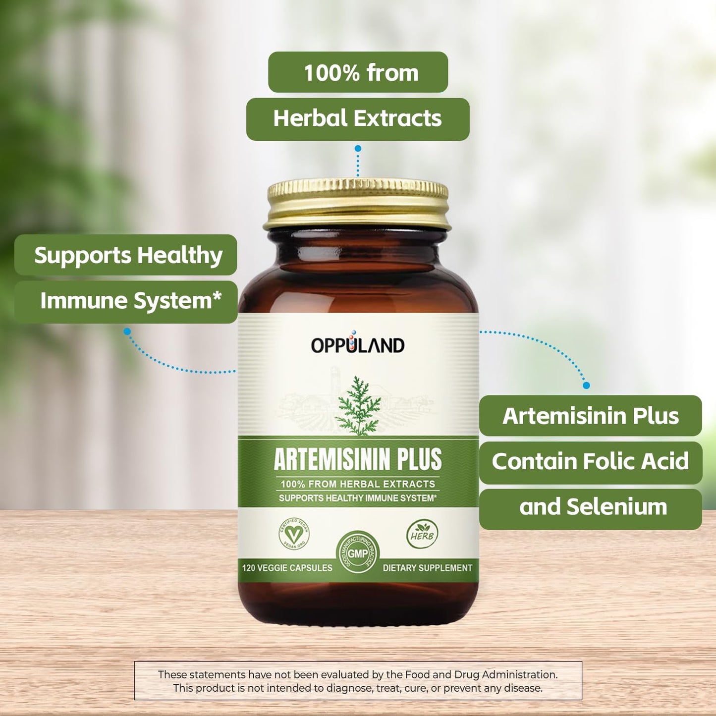 oppuland Artemisinin Plus – Sweet Wormwood Extract 100mg – Artemisia Annua Complex with Folic Acid & Selenium Gummy 30 Count