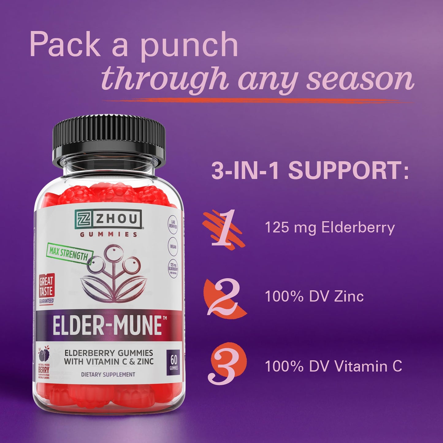 ZHOU Immune Support Bundle Gummies, 120 Count (60 Elderberry & 60 Vitamin C)
