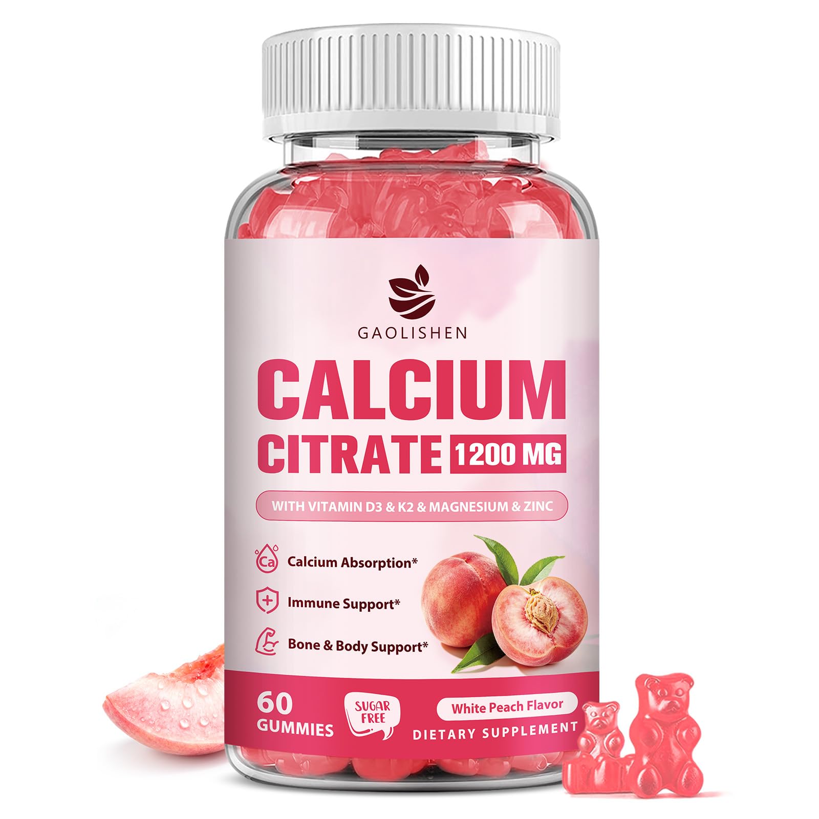 GAOLISHEN Calcium Citrate 1200 mg Gummies with Vitamin D3, K2, Magnesium, Zinc for Bone, Muscle & Immune Support, Sugar Free, 60 Gummies