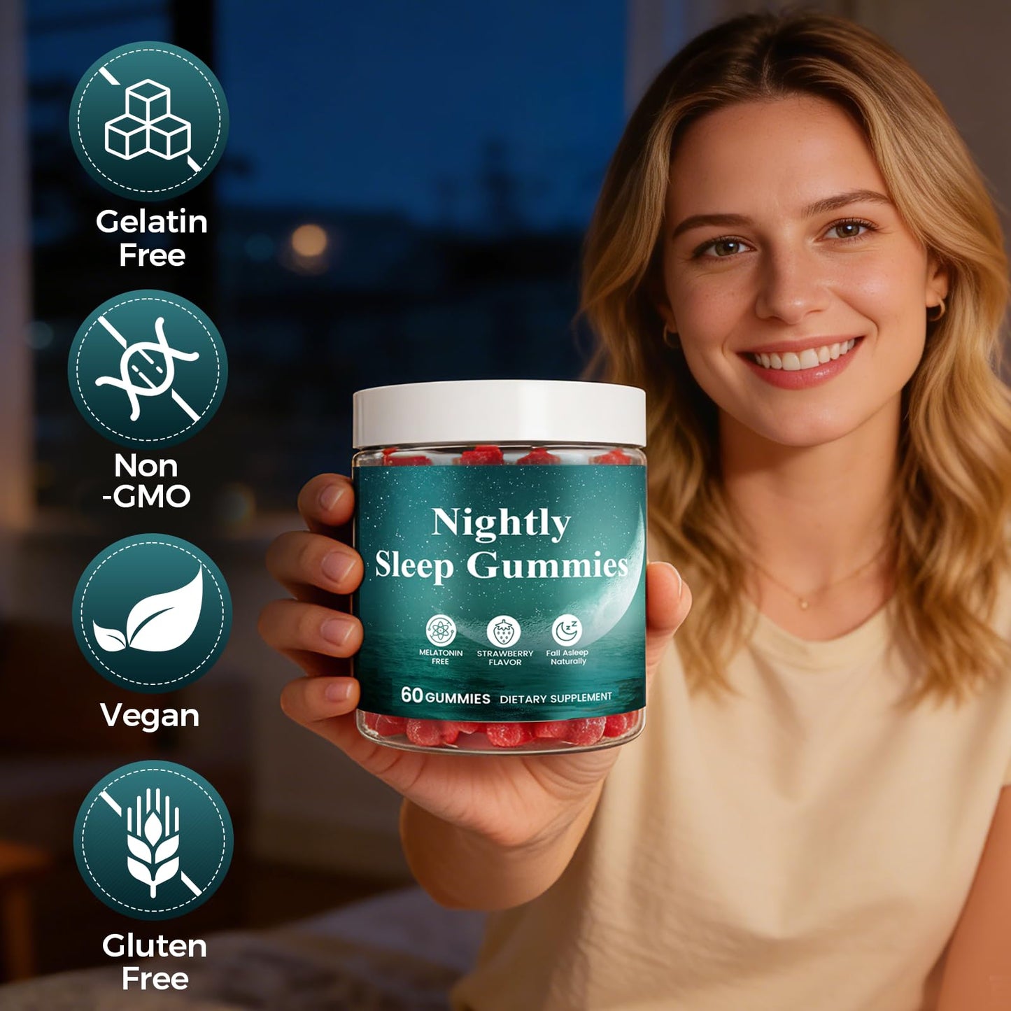 TOGOLIUN Nightly Sleep Gummies for Adults, No Melatonin, with Magnesium, L-Theanine, GABA, and Glycine, Calm Mind & Restful Sleep Support, Strawberry Flavor, 60 Gummies