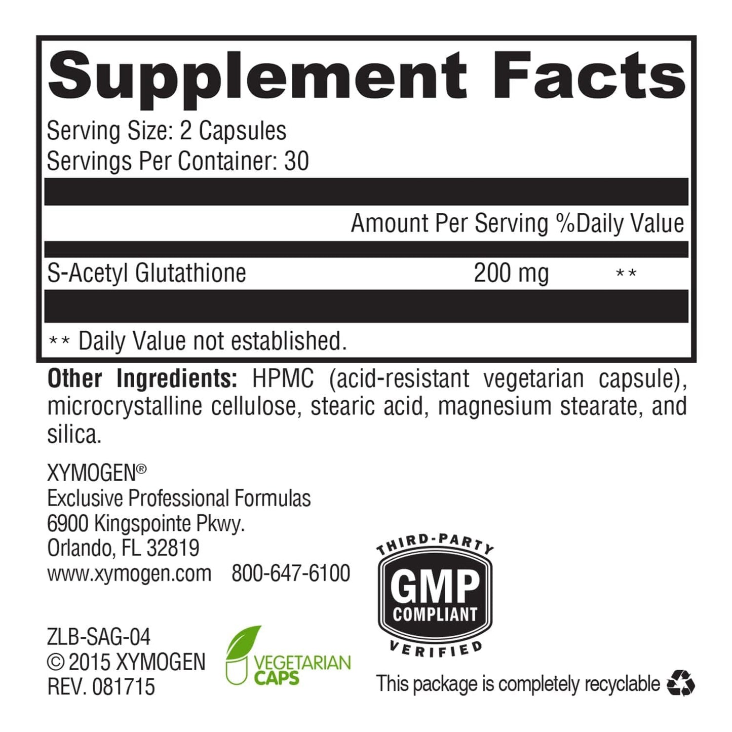 XYMOGEN S-Acetyl Glutathione Capsules 60 Count