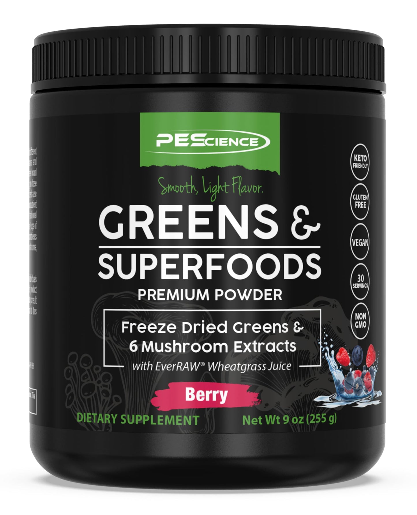 PEScience Greens Powder Superfood with Natural Chlorophyll, Reishi & Turkey Tail Mushroom Powders, Freeze-Dried Kale, Spinach, Broccoli Sprouts - Berry Flavor, 9 Ounce