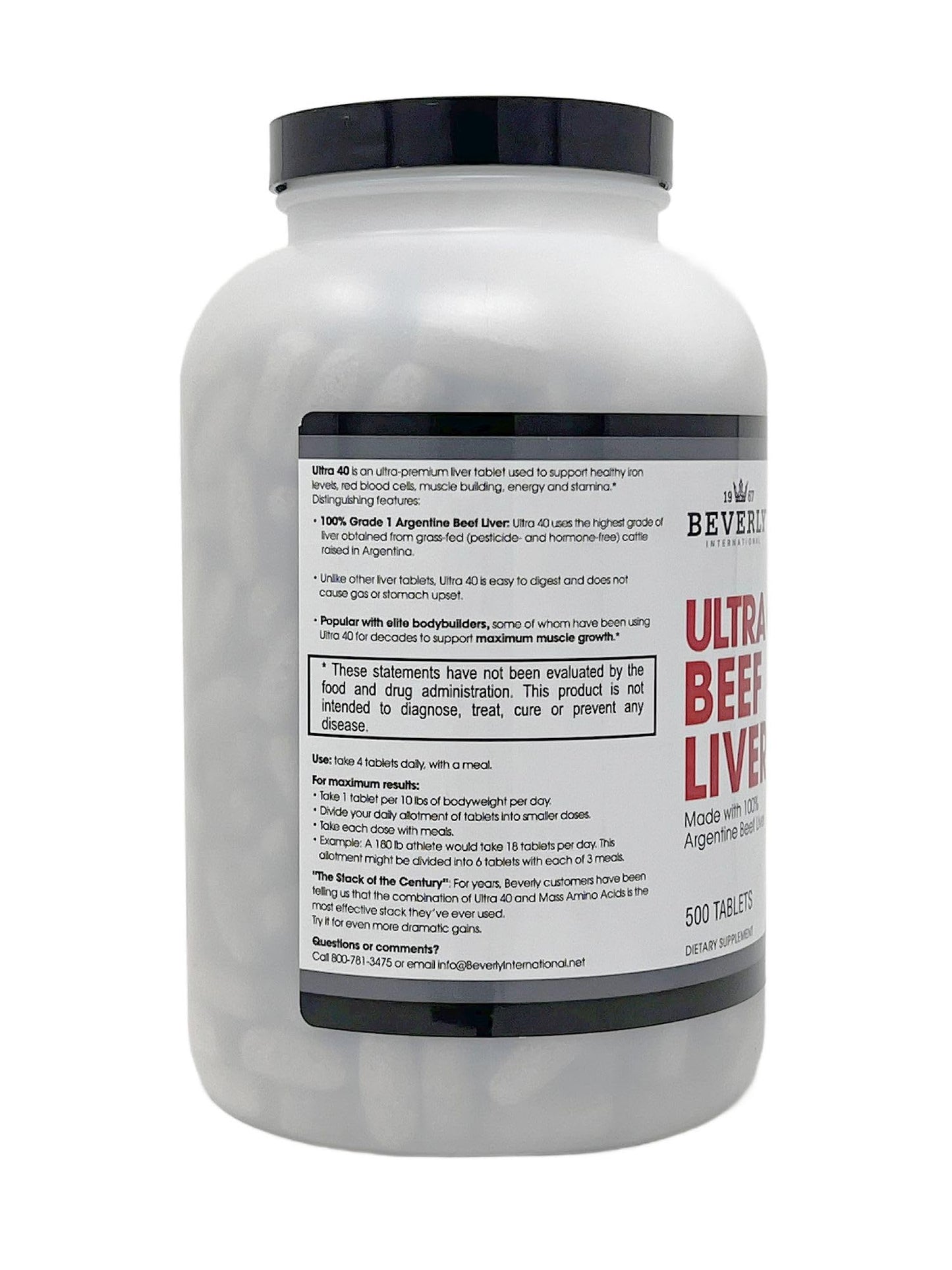 Beverly International Ultra 40 Grass Fed Desiccated Beef Liver Tablets, 500 Count