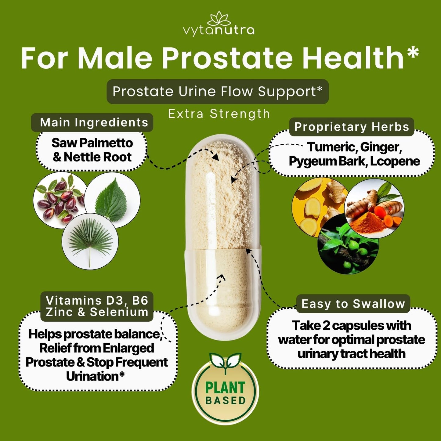 Vytanutra Ultimate Prostate Supplement for Men Vegan Saw Palmetto, Nettle Root, Pygeum, Turmeric, Zinc, Vitamin D3 Capsules, 60 Count