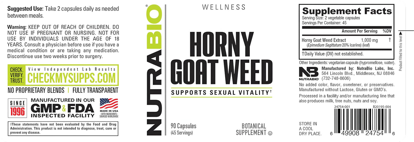 NutraBio Horny Goat Weed Extract Supplement Capsule, 90 Capsules