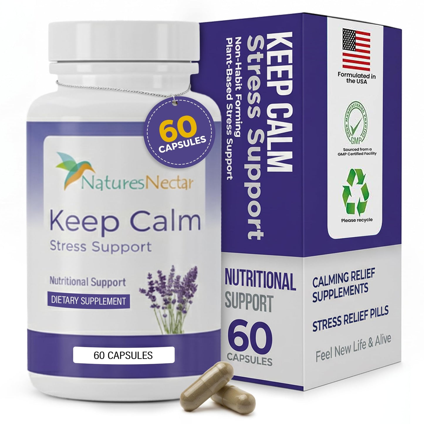 Nature's Nectar Anxiety & Stress Relief Capsules – Keep Calm with Ashwagandha, GABA, Magnesium & 5-HTP, Lemon Balm, 60 Capsules