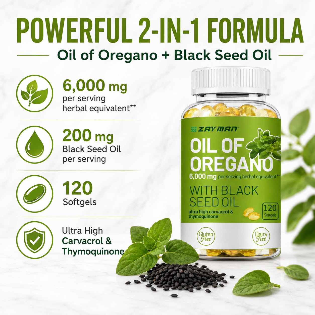 ZAYMAN Oil of Oregano Softgels 6000mg with Black Seed Oil 200mg, Non-GMO Plant-Based Carvacrol & Thymoquinone, 120 Softgels