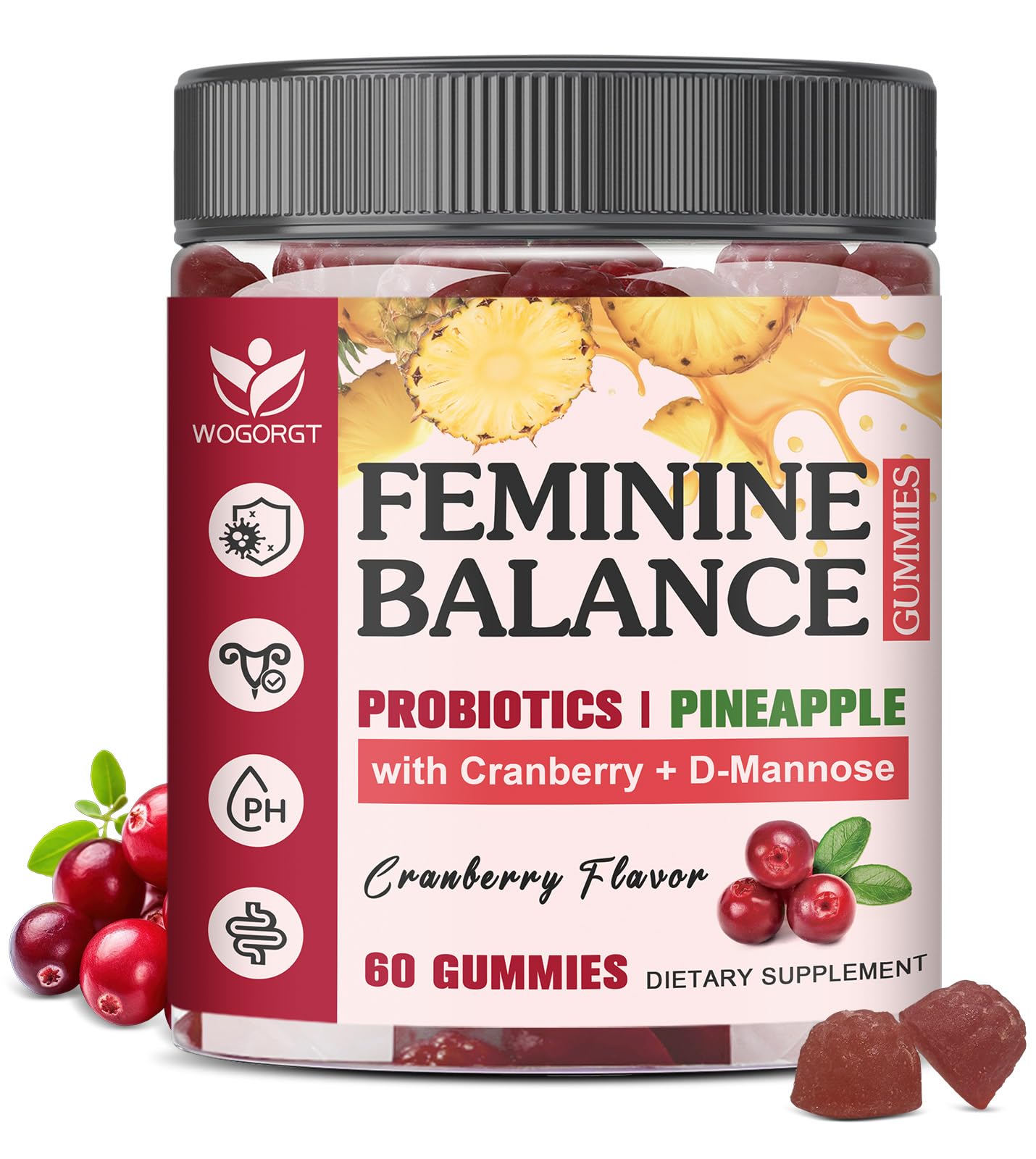WOGORGT Feminine Balance Gummy for Women, pH Balance Support, Sugar Free, 60 Count