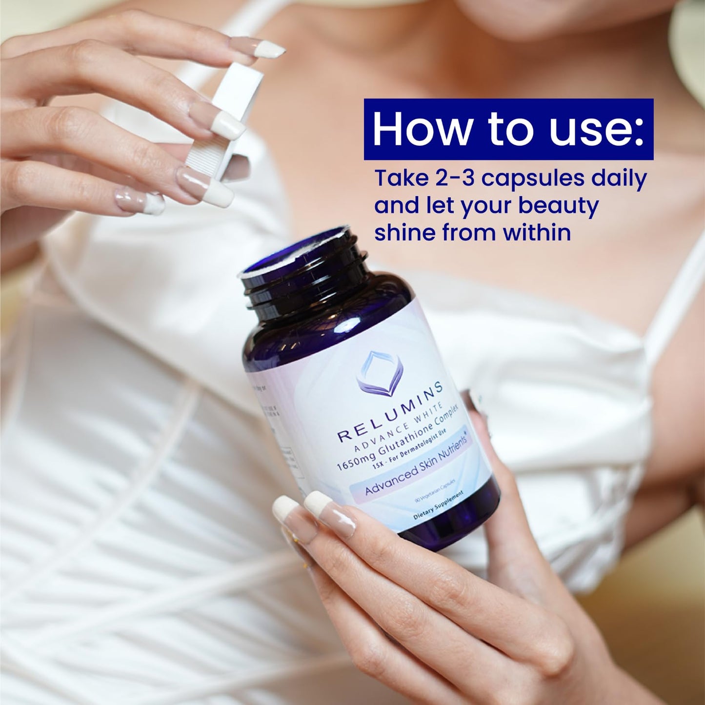 Relumins 1650mg L-Glutathione Complex with Hyaluronic, Alpha Lipoic, Rose HIPS, Vitamin E & Riboflavin 450 Capsules