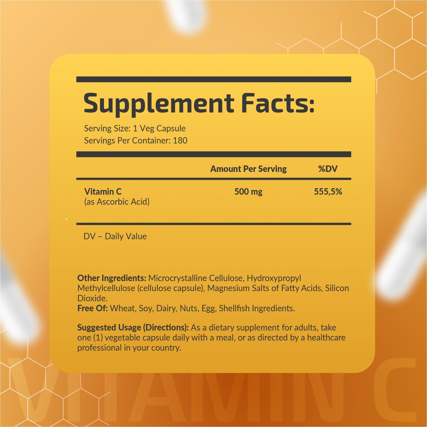 Fuelup Vitamin C 500 mg – Vegan Supplement Capsule, 180 Count