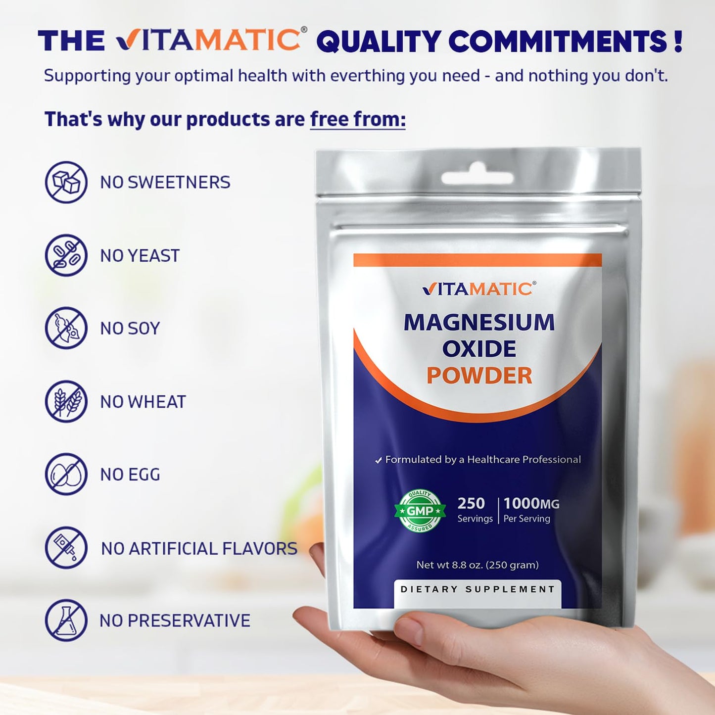 Vitamatic Magnesium Oxide Powder 8.8 oz, 250 Servings, 600 mg Elemental Magnesium, Unflavored