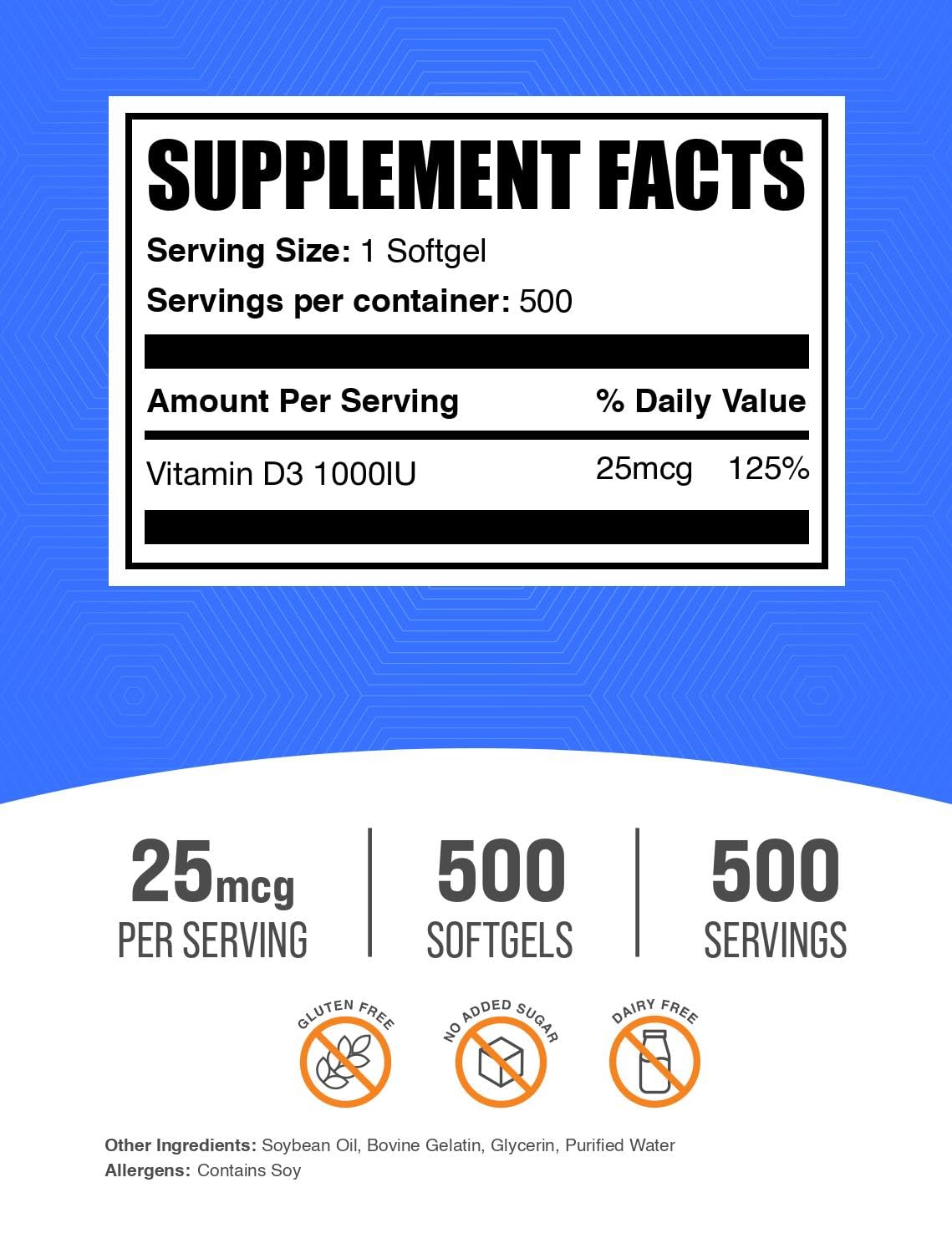 BulkSupplements Vitamin D3 1000IU Softgels 500 Count