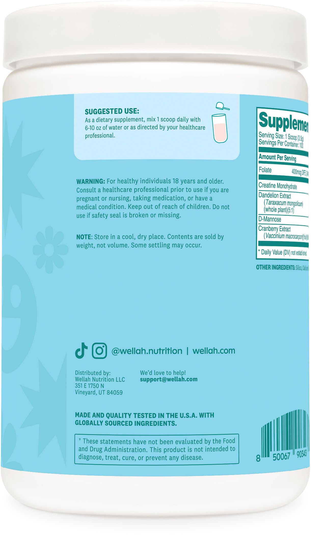 Wellah Creatine for Women Creatine Monohydrate with Dandelion & Cranberry Extract Powder 12.1