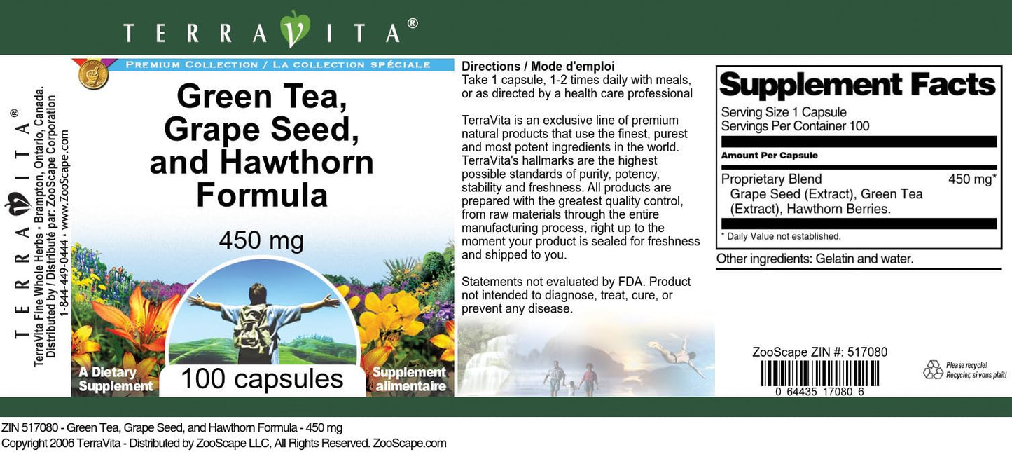 Terravita High Blood Pressure Support - Green Tea, Grape Seed and Hawthorn - 450 mg, 300 Capsules