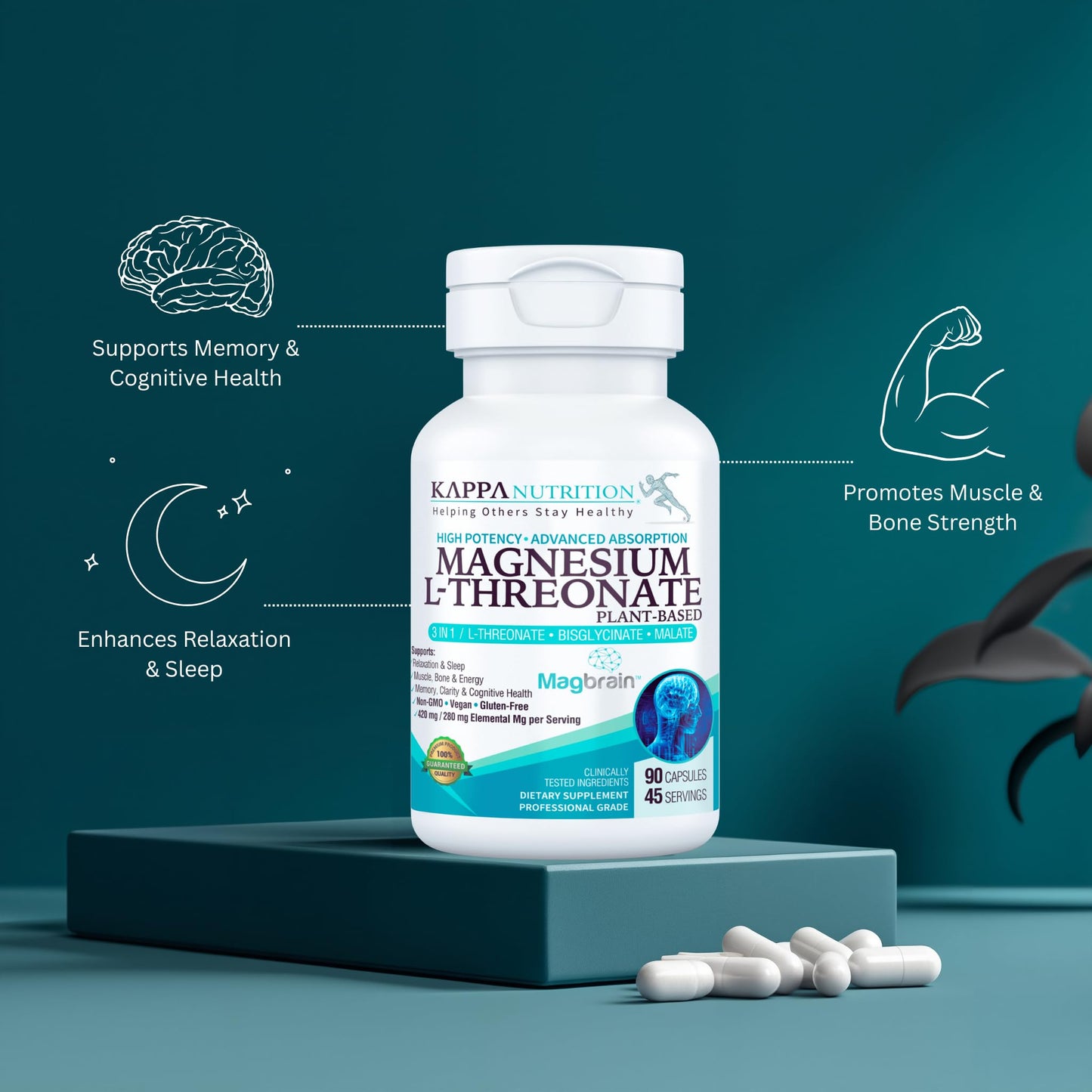 KAPPA NUTRITION Powered by Magbrain Magnesium L-Threonate Plant-Based, 90 Capsules