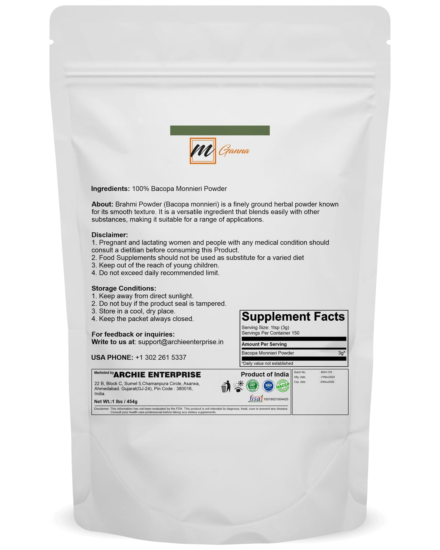 mGanna Brahmi Bacopa Monnieri Powder, 16 Ounce