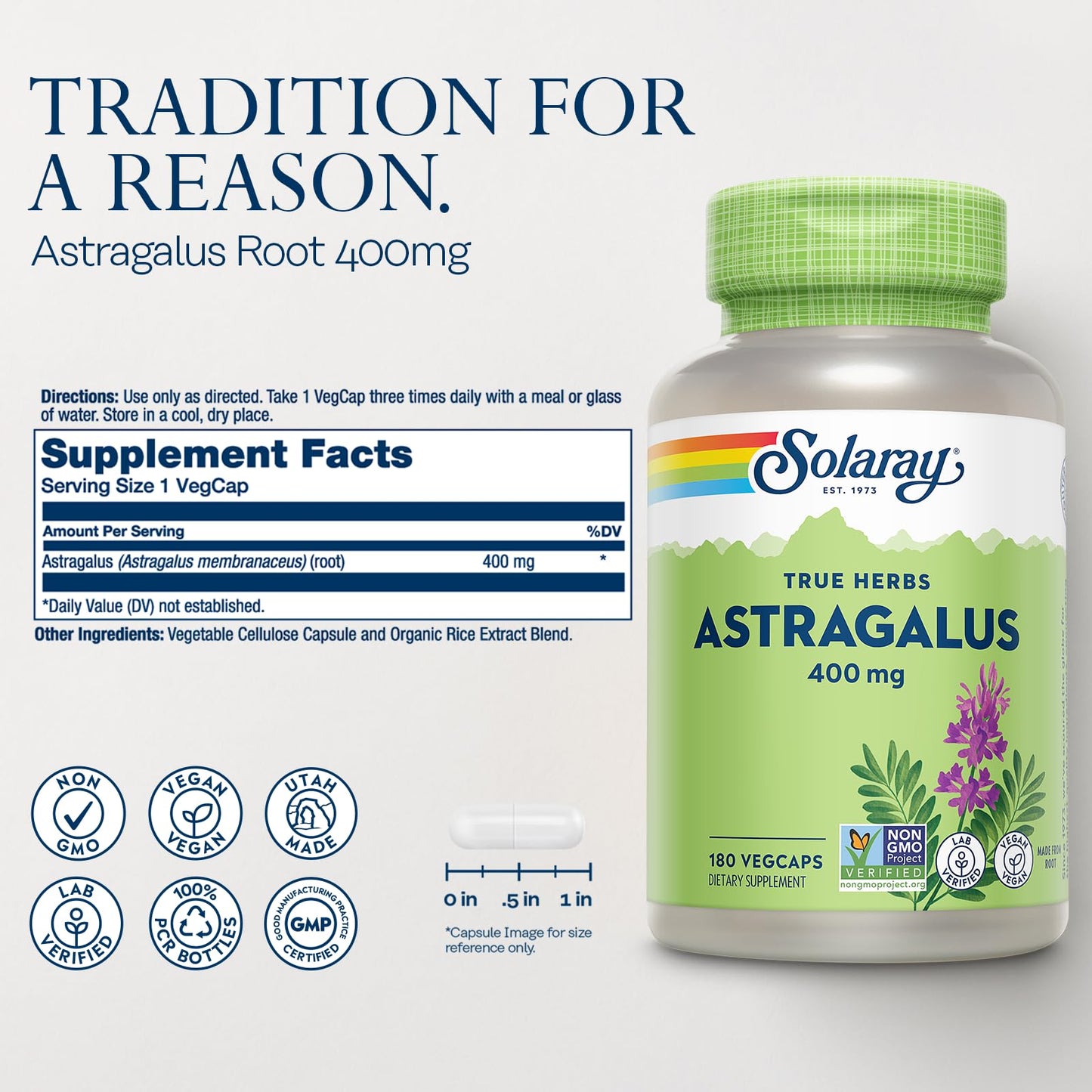 SOLARAY Astragalus Root 400mg Capsules, 180 VegCaps
