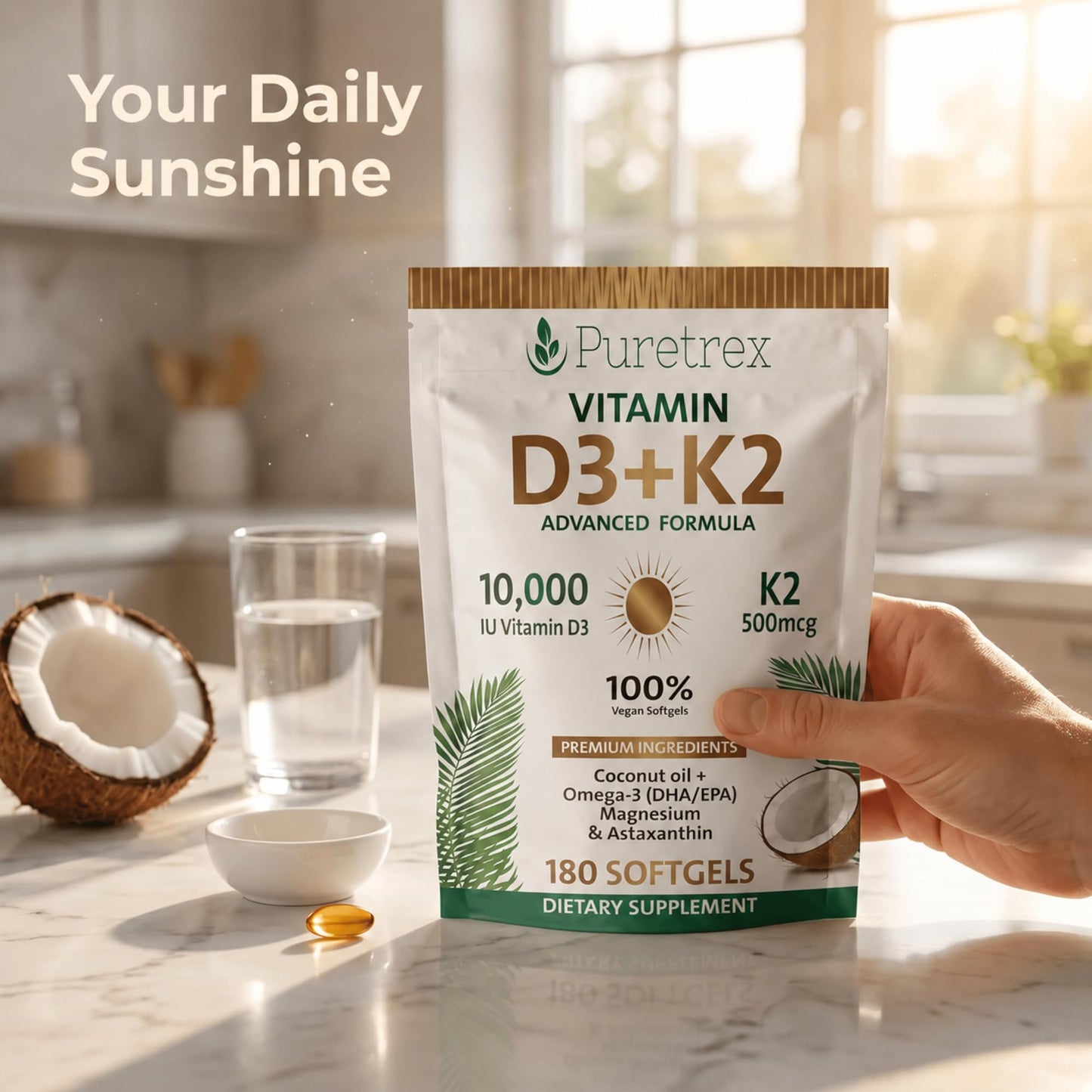 PURETREX Vitamin D3 K2 10000 IU with 500mcg MK7 (MK-7) - Advanced Formula Softgels 180 Count