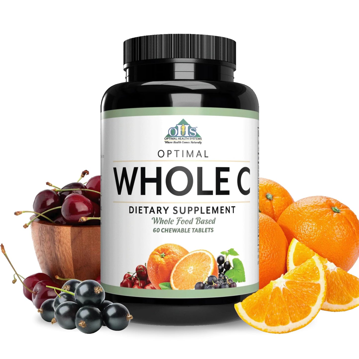 Optimal Health Systems Whole C Chewable Vitamin C from Whole Foods, Acerola Cherry, Orange Fruit, & Black Currant + Bioflavenoids, 60 Tablets