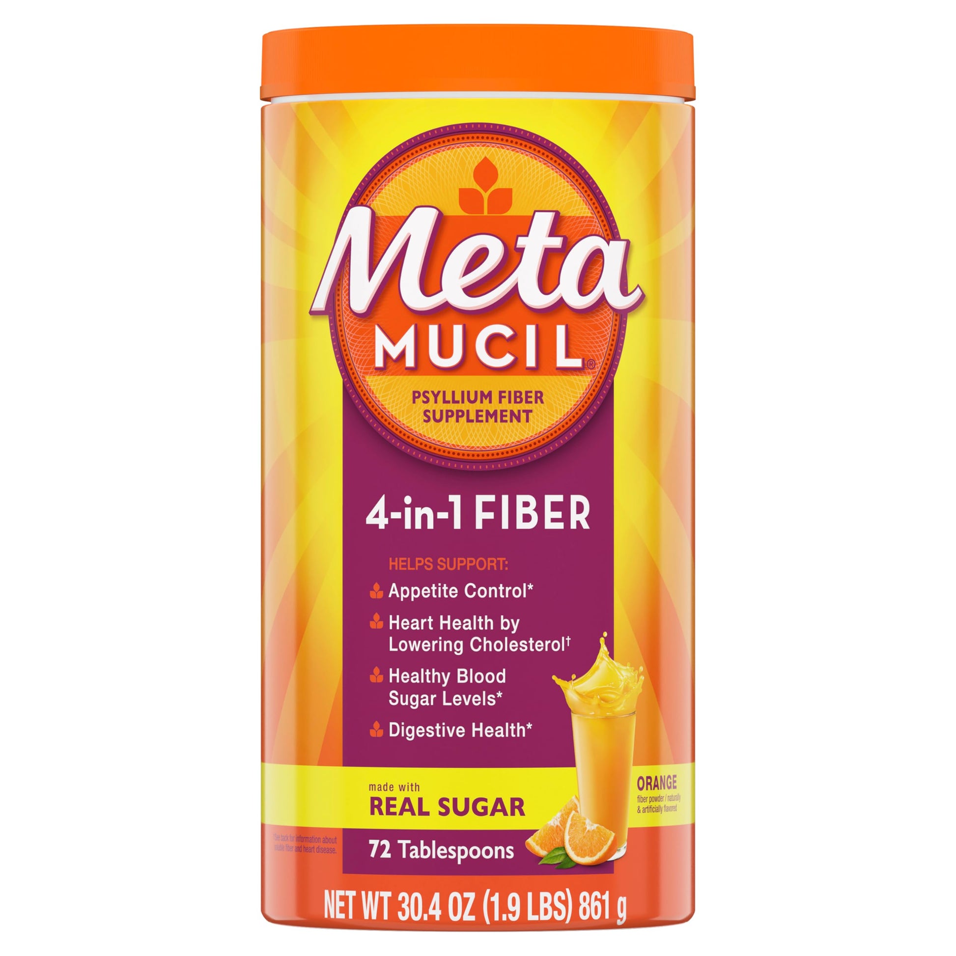 Metamucil Daily Psyllium Husk Powder Supplement with Real Sugar, 4-in-1 Fiber for Digestive Health, Orange Smooth Flavored Drink Capsule 30.4